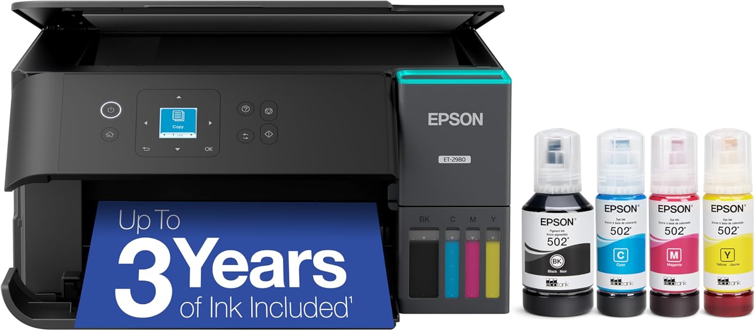 Epson EcoTank ET-2980 Wireless All-in-One Color Supertank Printer with up to 3 Years of Ink Refillable Tanks, Perfect for Home, 15 PPM, 1.44