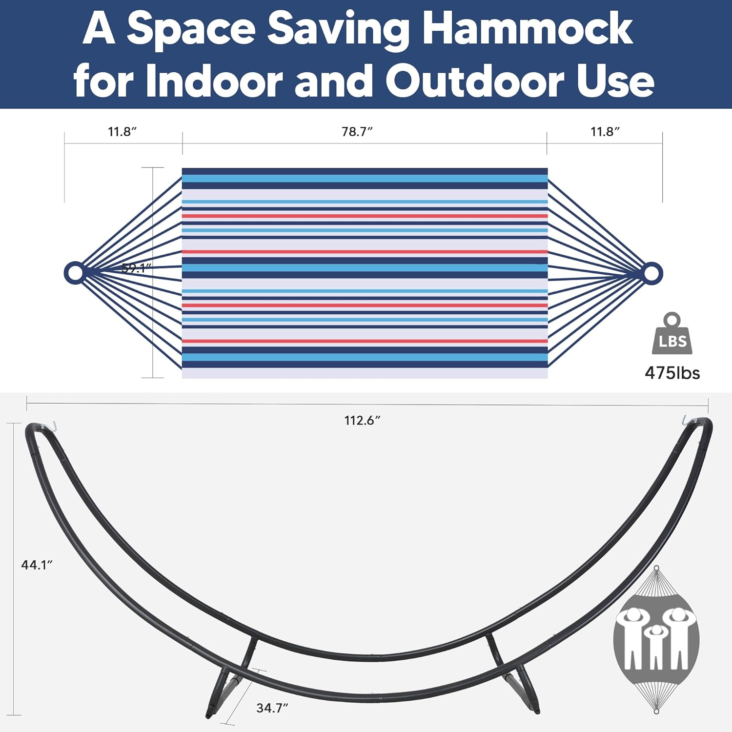 SUNCREAT 2 Person Hammock with Stand, Space Saving Free Standing Hammock with Stand Included, Patent Pending, Blue Red