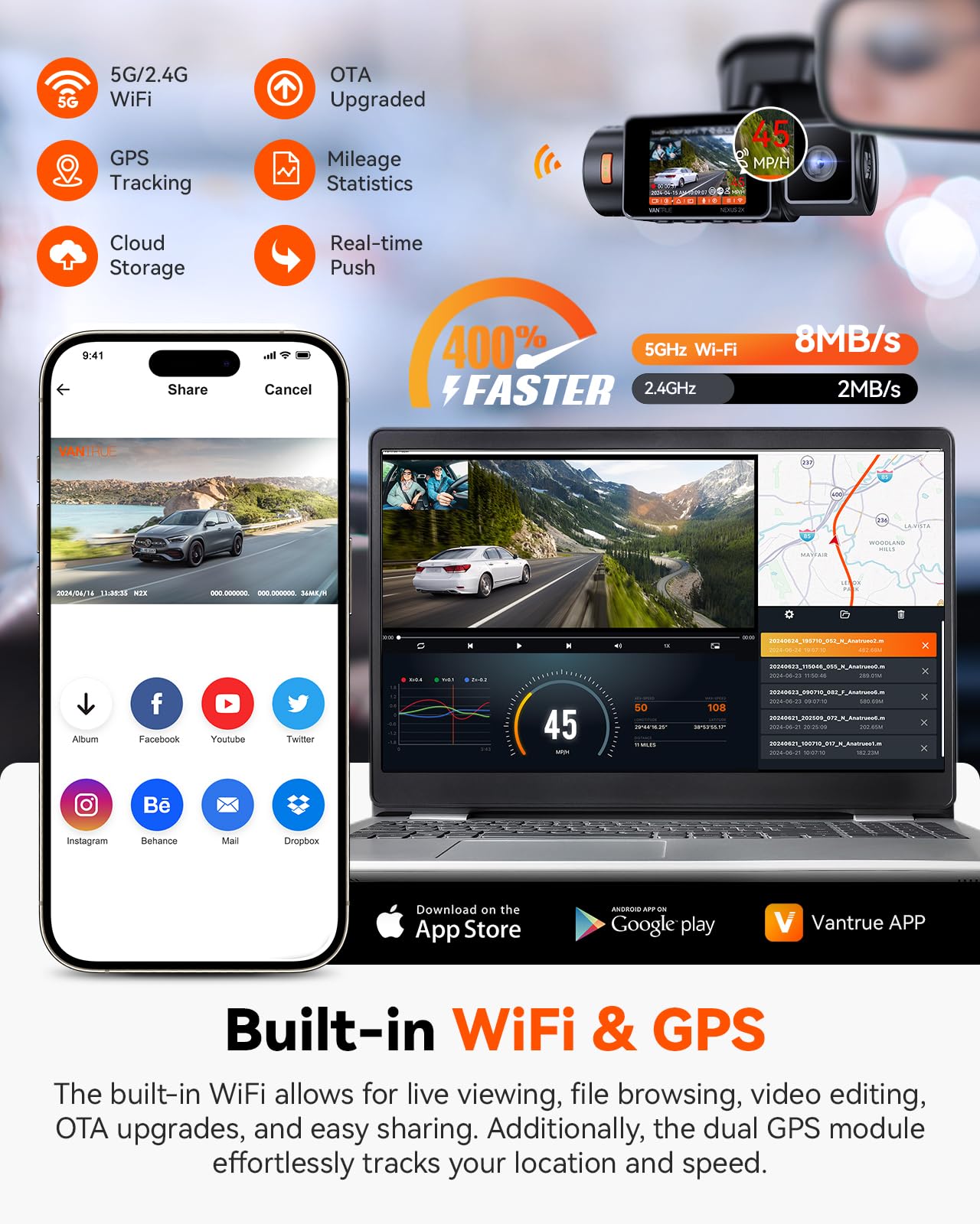 VANTRUE N2X 2.7K Dual Dash Cam with 5G WiFi and HDR Night Vision