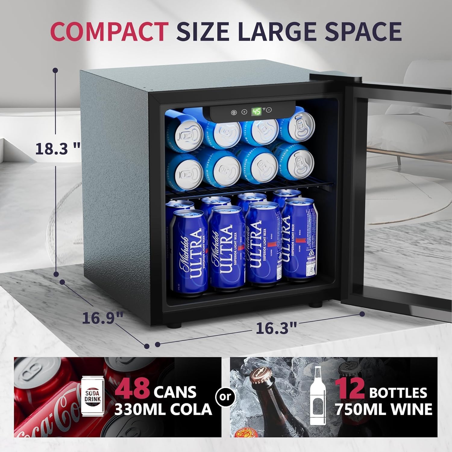 Icyglee 48 Can Beverage Refrigerator Cooler, Mini Fridge Glass Door with Adjustable Shelves, Freestanding Beverage Fridge with Blue LED for Home/Office/Dorm/Bar, 1.3 Cu.ft
