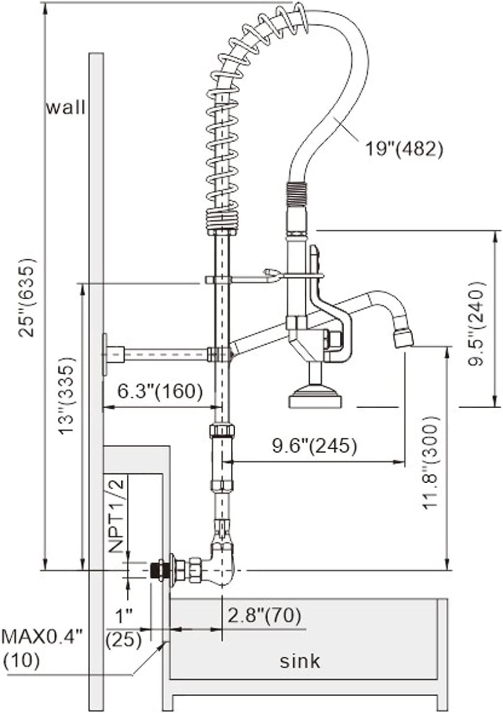Commercial Kitchen Faucet Wall Mount with Pre-Rinse Sprayer 8 Inch Center Wall Mount Kitchen Sink Faucet with 9.6