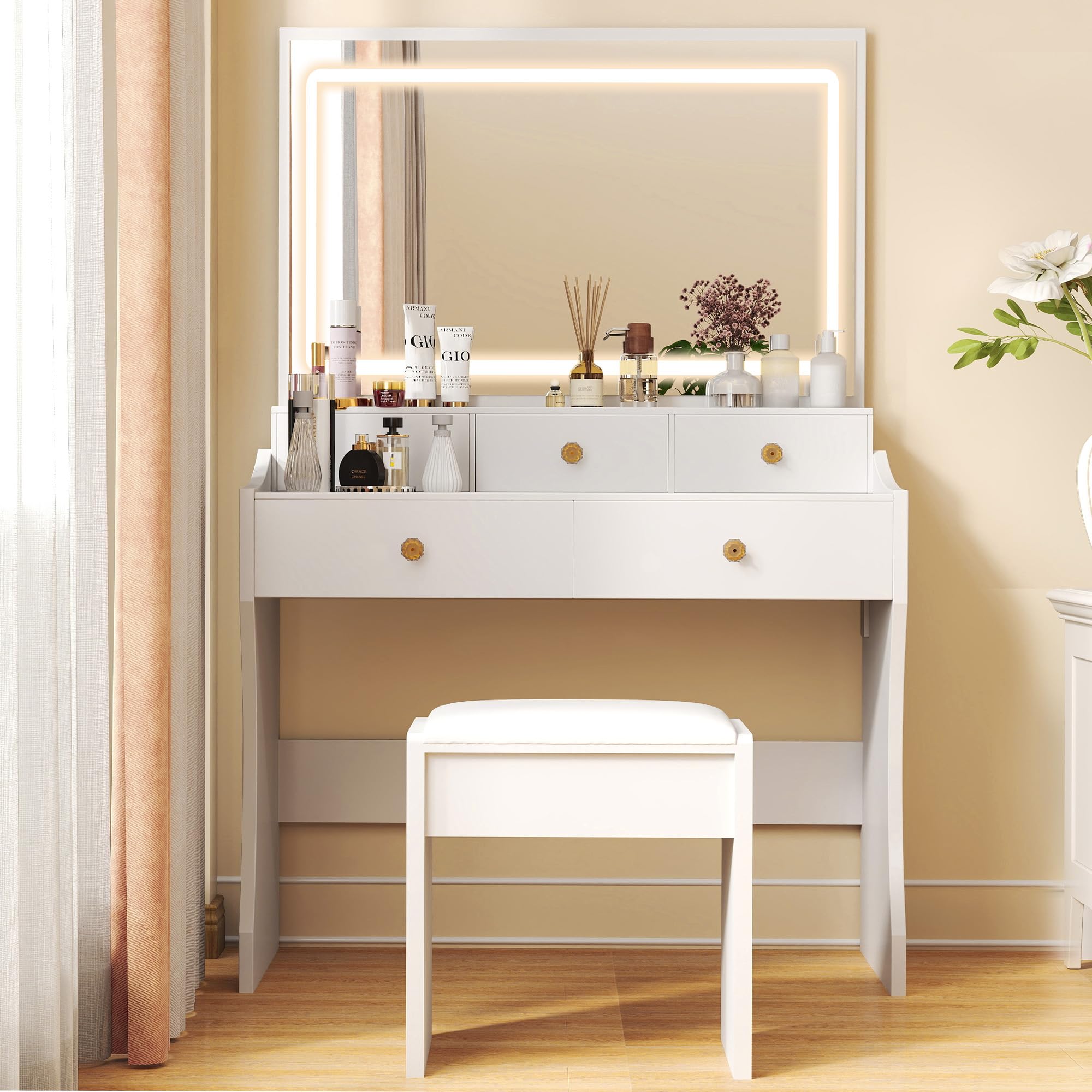 COMHOMA Makeup Vanity Desk with LED Mirror & Chair Set