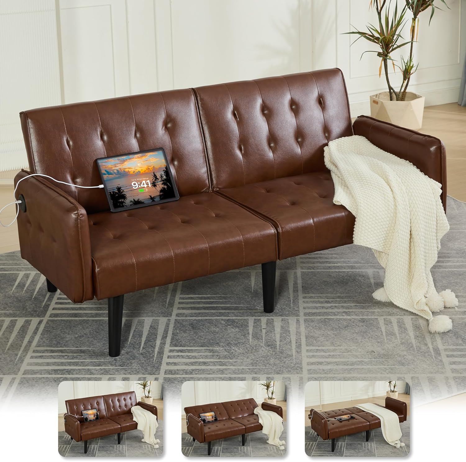 TYBOATLE 65“ Convertible Futon Sofa Bed w/ 2 USB,Tufted Small Adjustable Folding Couch Loveseat, Modern Mid Century Faux Leather Sleeper Sofa for Living Room, Bedroom,Office, Brown