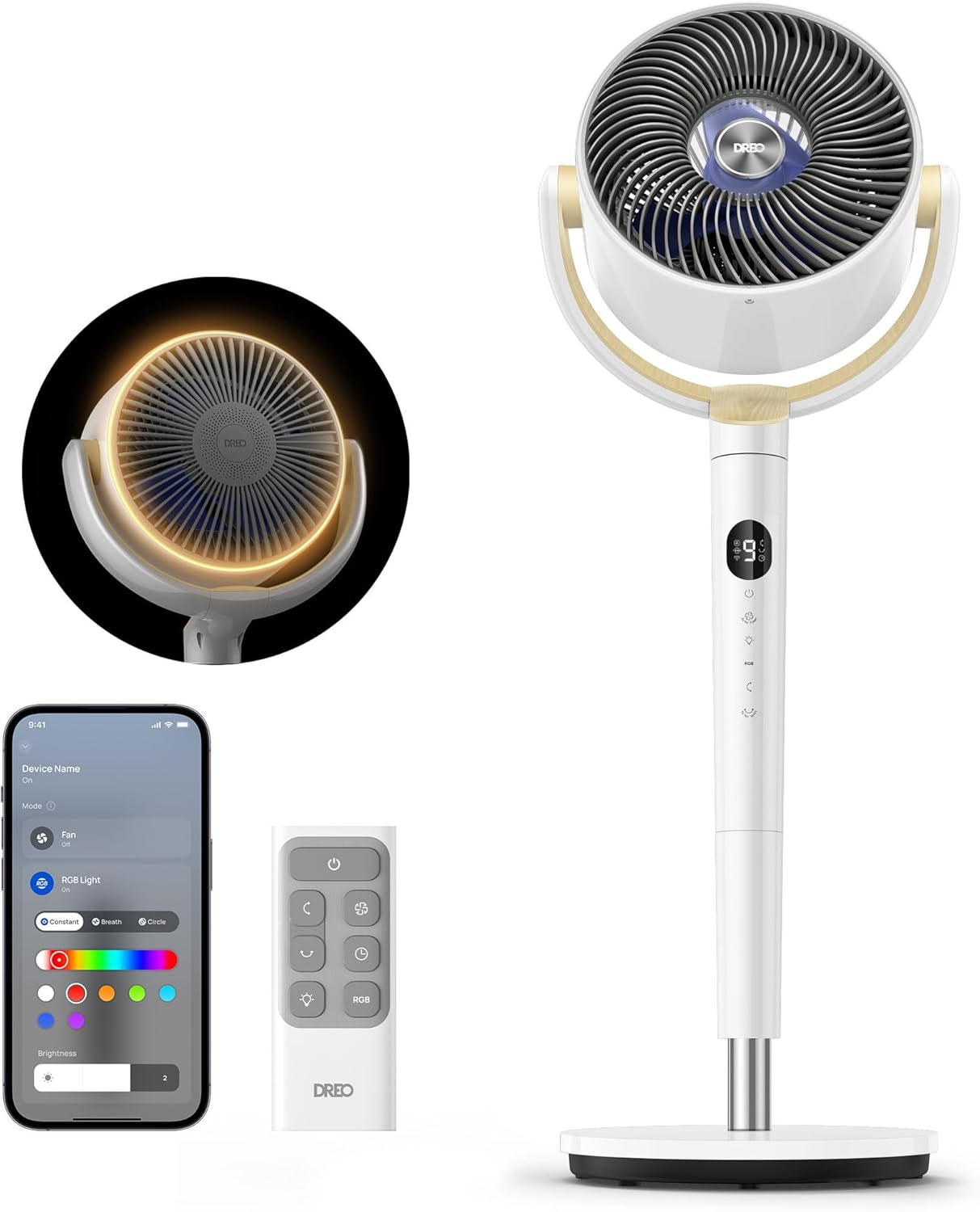 DREO Smart Fan for Bedroom, 120° +120° Omni-Directional Oscillating Fans, 100ft Quiet Pedestal Fan with RGB Light, 9 Speeds, 6 Modes, 20dB, 8H Timer, Wi-Fi/Voice/Alexa, 35-40