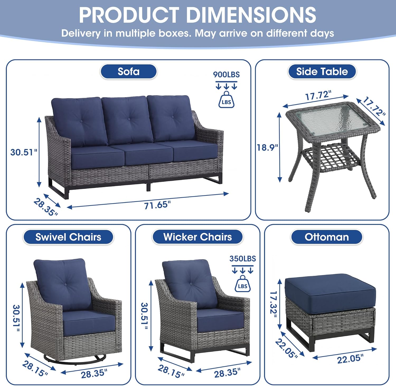 5 Piece Patio Furniture Set, Grey Wicker Outdoor Conversation Set with 2 Swivel Rocker Chairs, Sofa and 2 Ottomans, 6-Inch Thick Cushions, Blue Olefin Covers for Patio and Porch