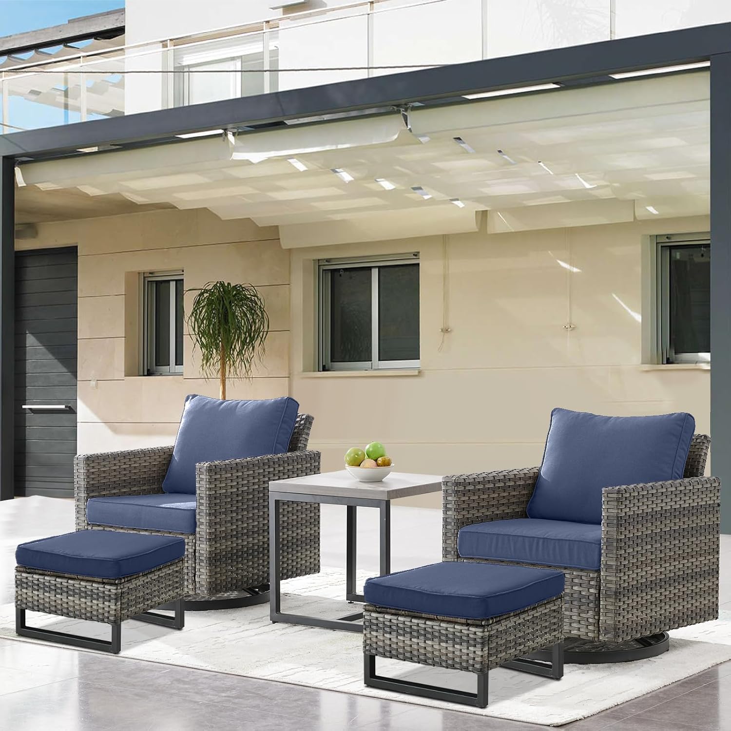 Outdoor Swivel Rocker Chairs - 5 Piece Patio Bistro Set Wicker Patio Rocking Chairs Set with Side Table and Ottomans, 360° Swivel Glider Proch Furniture for Balcony Deck - Grey/Blue