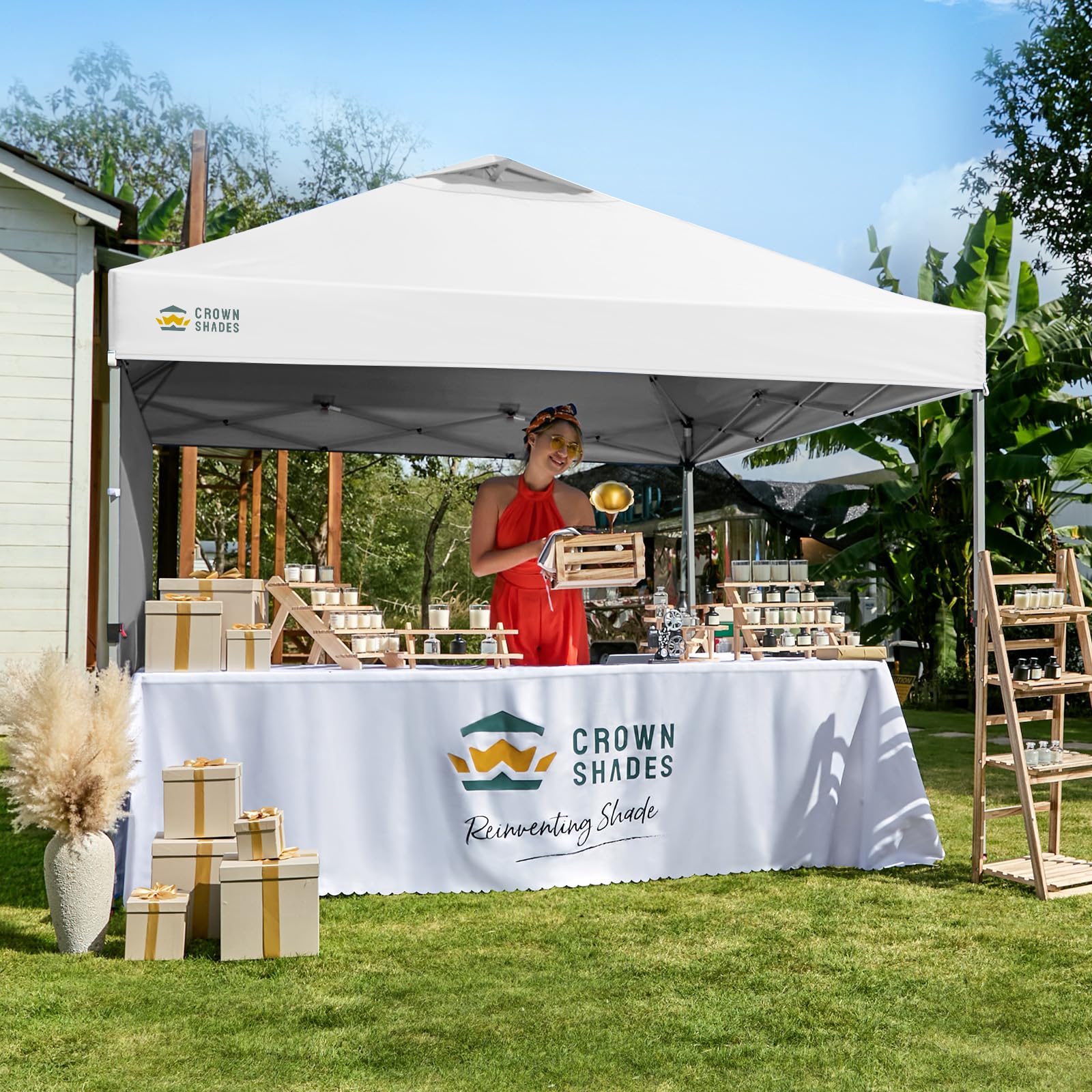 CROWN SHADES 10x10 Pop Up Canopy Tent with Side Wall - White