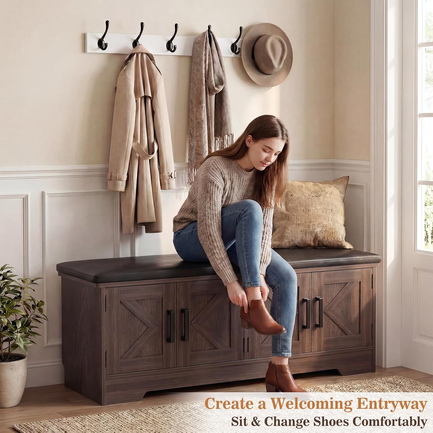 Farmhouse Shoe Storage Bench with Cushion - 43.3
