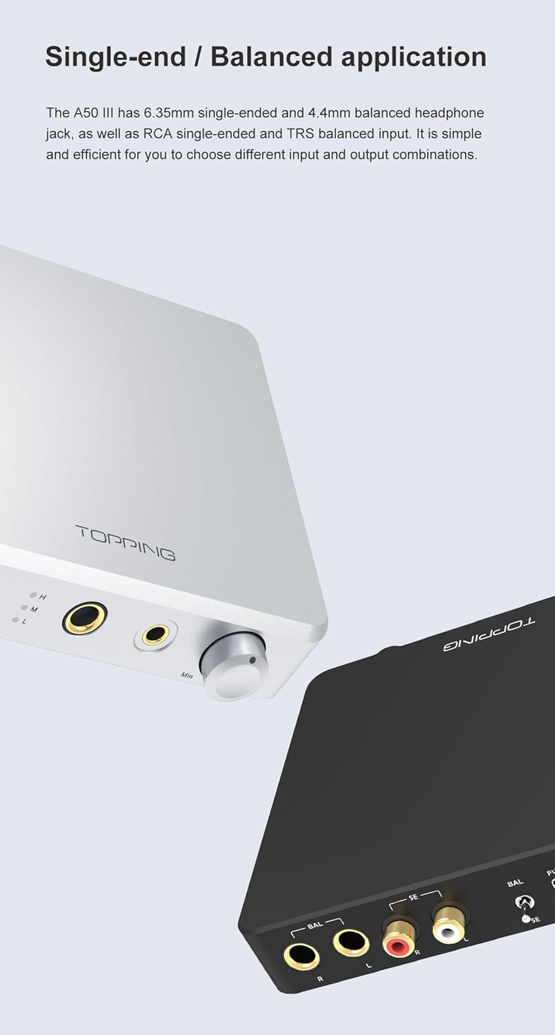 KGUSS Topping A50 III NFCA Headphone amp Pre-Amplifier - SE/BAL Input 6.35mm Single-end 4.4mm Balanced Jack 3500mW x2 Powerful Output (A50III Silver)