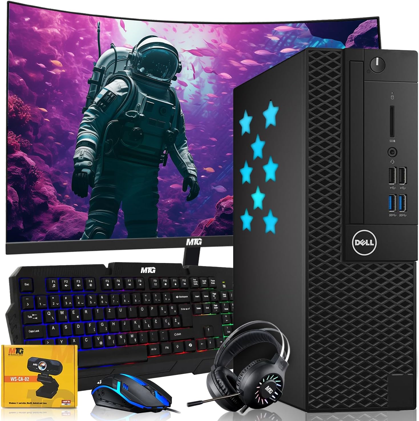 Dell Desktop PC Gaming Bundle - Core i7,16GB RAM,1TB SSD,24-inch Curved Monitor,AMD RX 550,RGB Keyboard with AI-Enhanced Copilot Key and Mouse,RGB Headphone,Webcam,Wi-Fi,Windows 11 (Renewed)