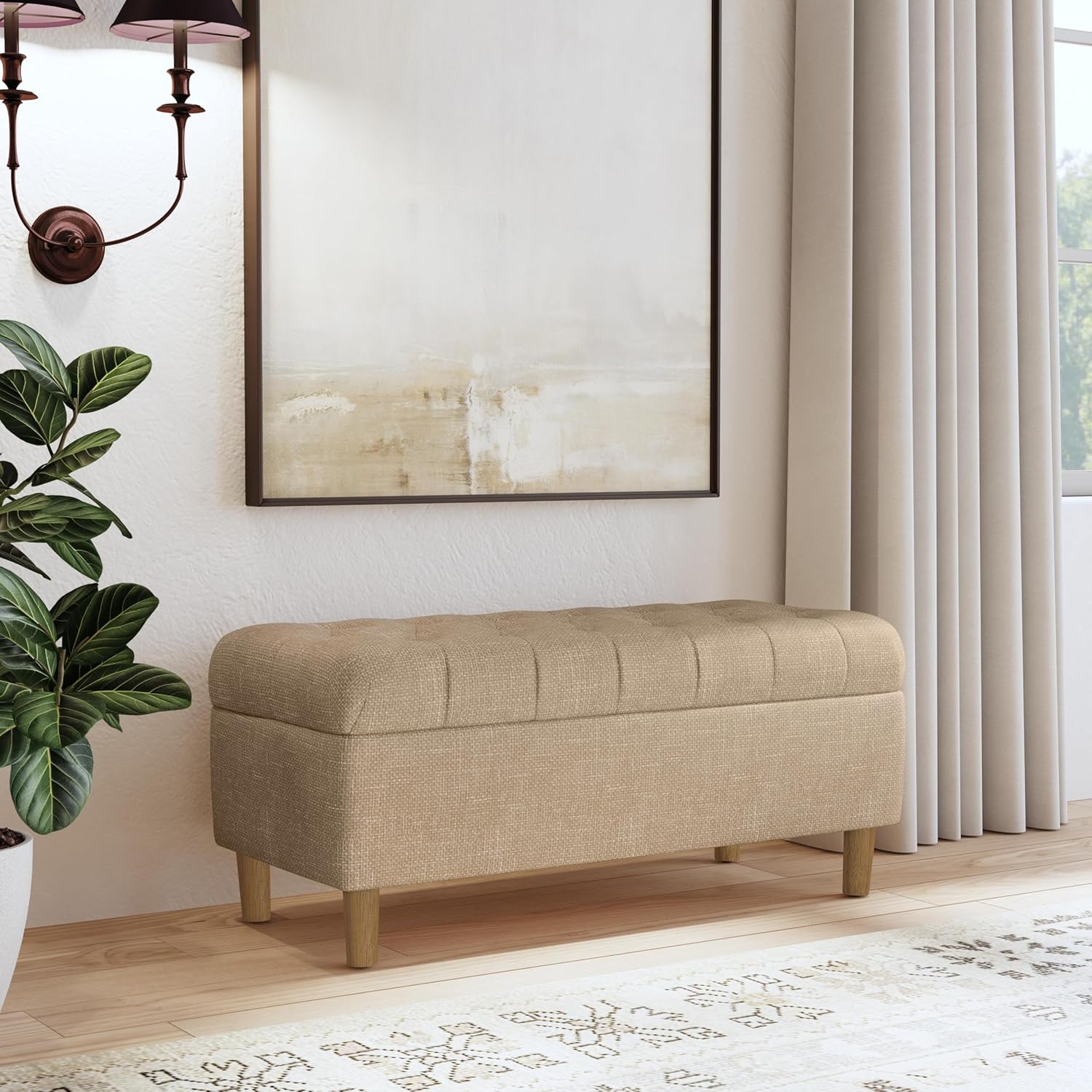 Homepop Home Decor | Tufted Ainsley Button Storage Ottoman Bench with Hinged Lid | Ottoman Bench with Storage for Living Room & Bedroom, Oatmeal Textured Fabric
