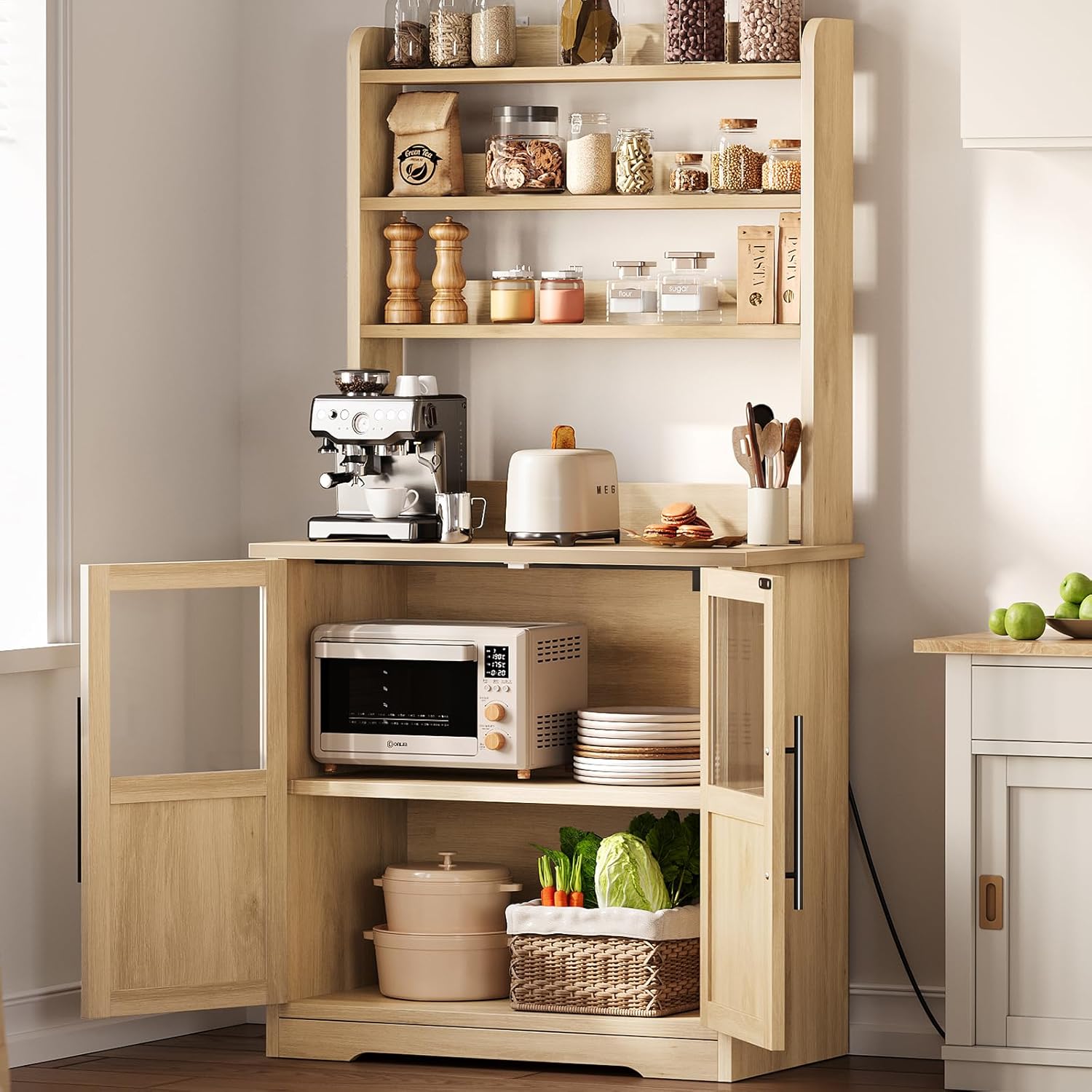 IDEALHOUSE Bakers Rack with Storage Cabinet, Microwave Stand with Power Outlets, Farmhouse Bakers Rack with Thick Table Top, Small Kitchen Bakers Rack for Kitchen,Dining Room,Peer Wood
