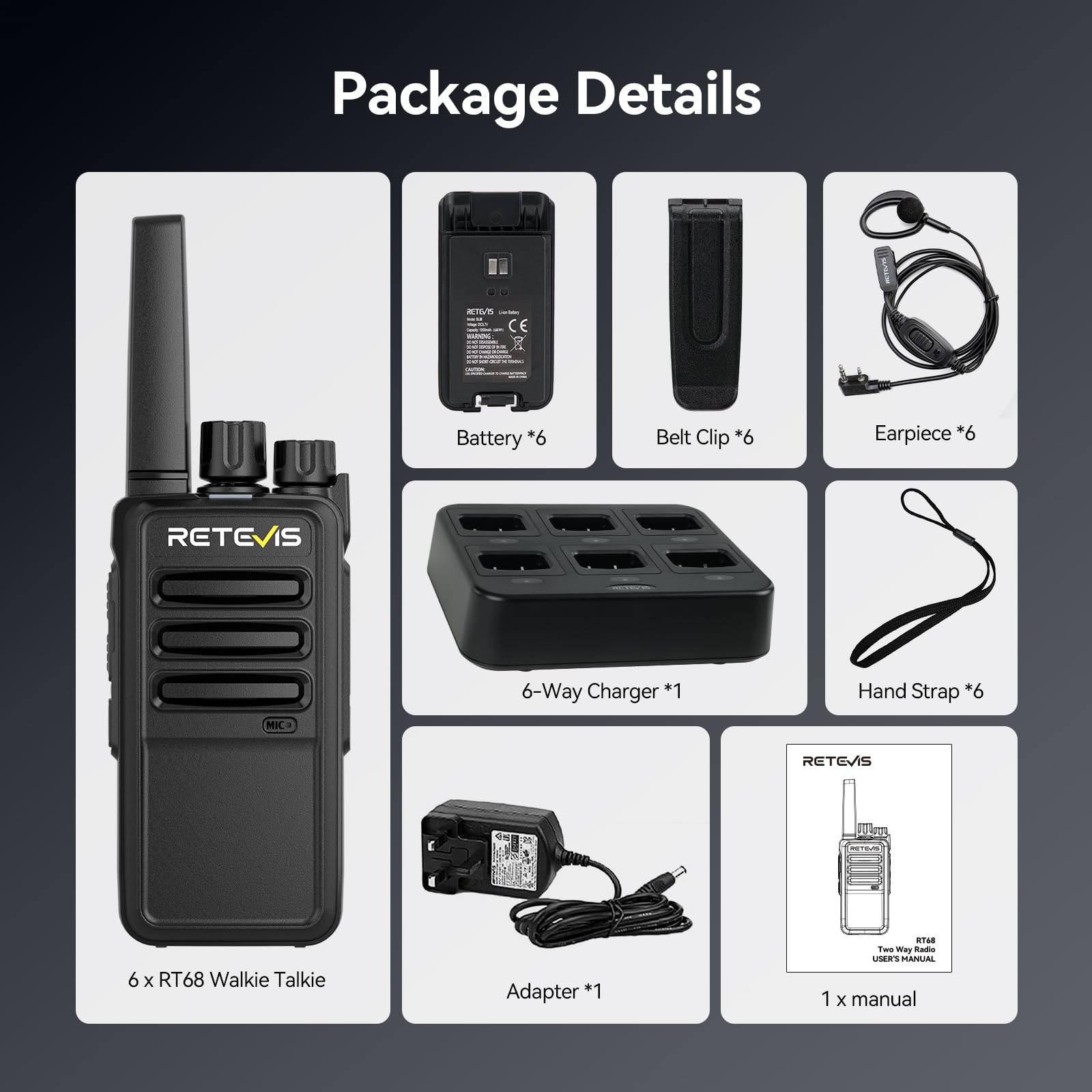 RETEVIS RT68 Walkie Talkies 6 Pack with Earpiece and Charger