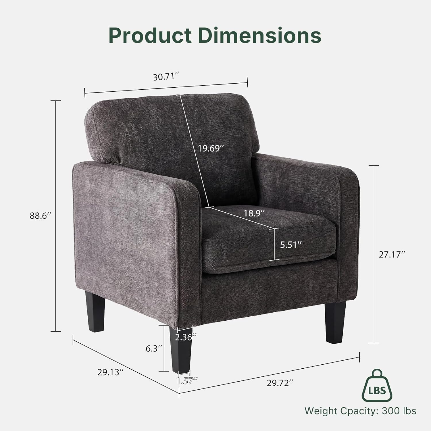 Modern Accent Chairs for Living Room, Corner Chairs for Adults, Reading Chair with Armrest and Backrest, Comfy Lounge Chairs for Bedroom Reception Waiting Room, Dark Grey 2 Pack
