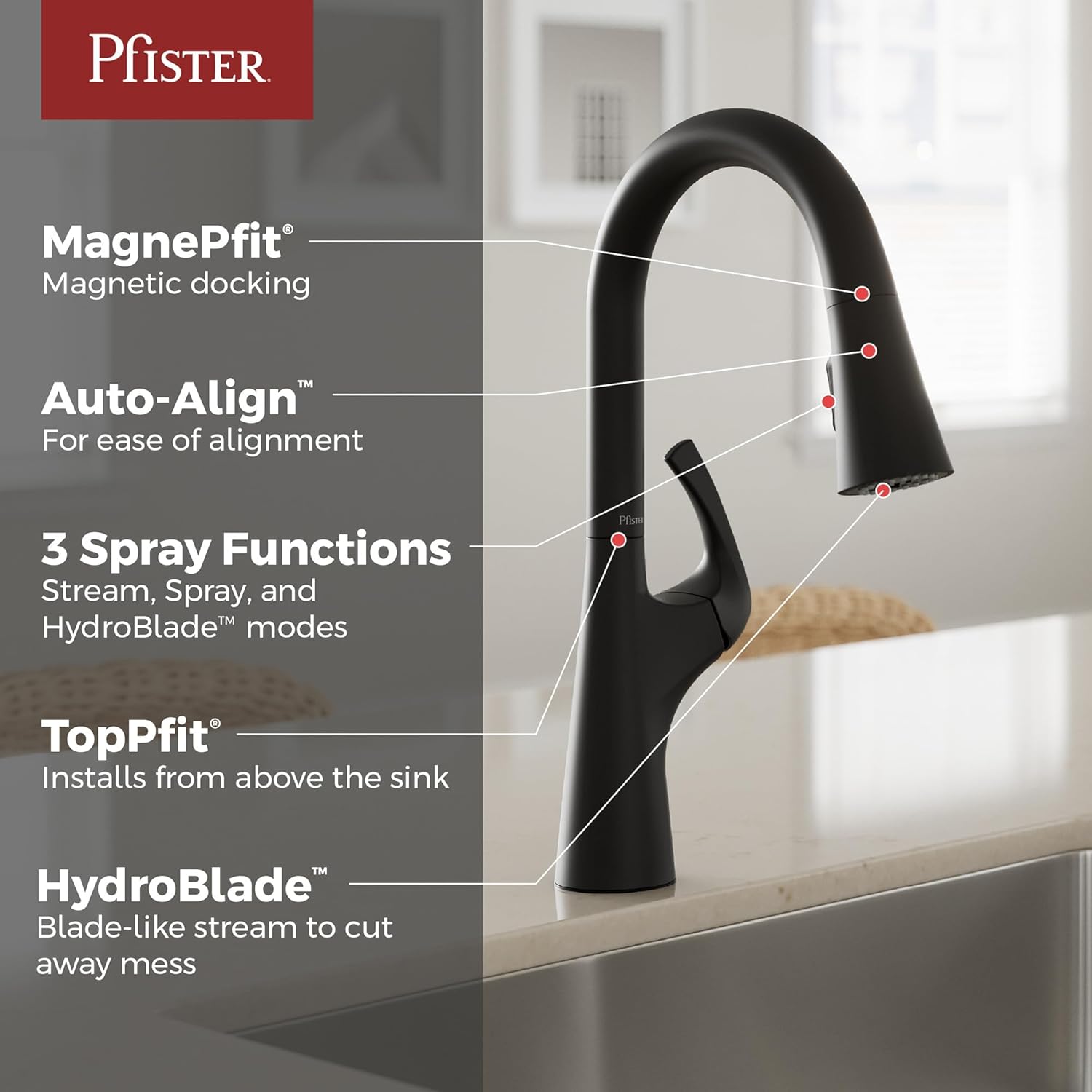 Pfister Talega Pull-Down Kitchen Faucet with Sprayer in Matte Black - Single Handle High Arc Spout with 3 Water Settings, 360° Swivel, and MagnePfit Magnetic Docking for Kitchen Sink