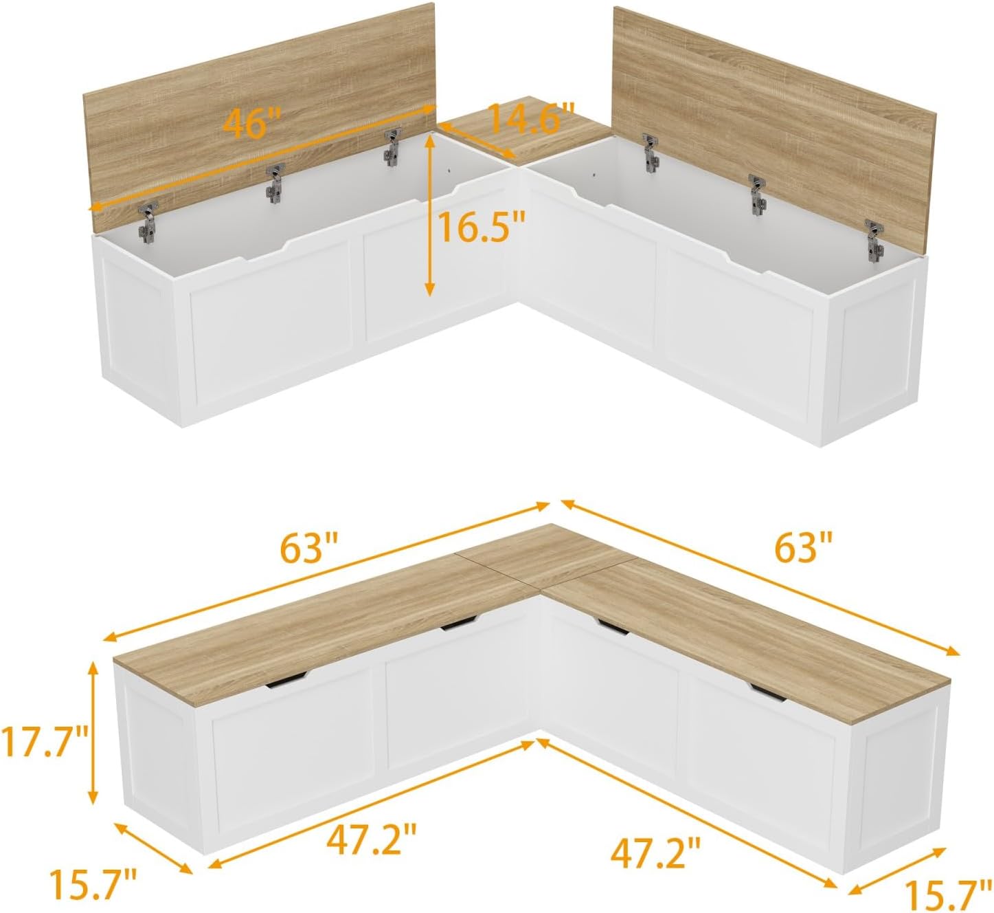 L Shaped Breakfast Nook Bench with Hidden Storage, 63 Inch Corner Dining Bench for Small Kitchen, Breakfast Nook Set for Dining Room, Entryway, Oak 63”L x 63”W x 31”H