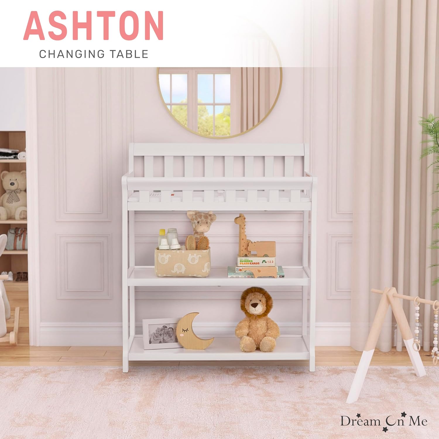 Dream On Me Ashton 2-in-1 Changing Table & Nightstand in White – Solid New Zealand Pinewood, Safety Rails, Spacious Storage Shelves & Water-Resistant Changing Pad, Converts to Nightstand