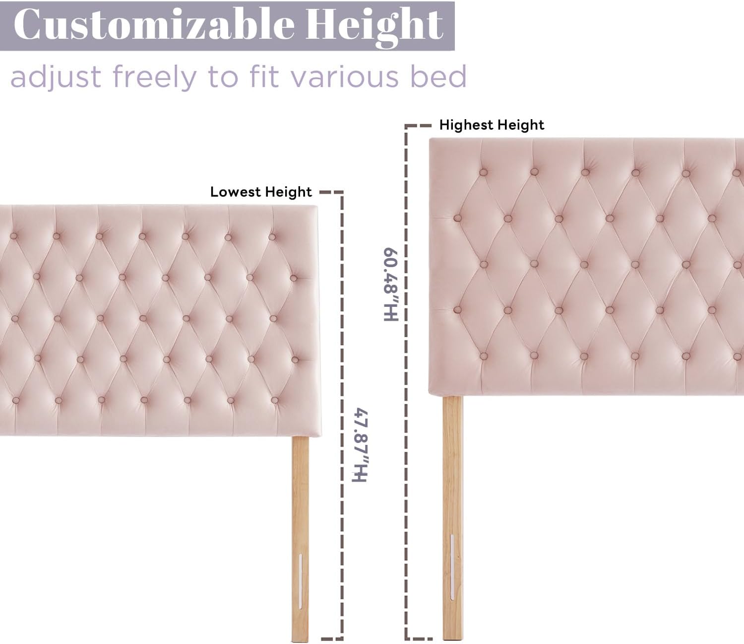 Kingfun Upholstered King Headboard Only, Premium Velvet Button Tufted Headboards, Adjustable Solid Wood Head Board, Padded Headboard with Solid Wood Legs in Bedroom (Pink)