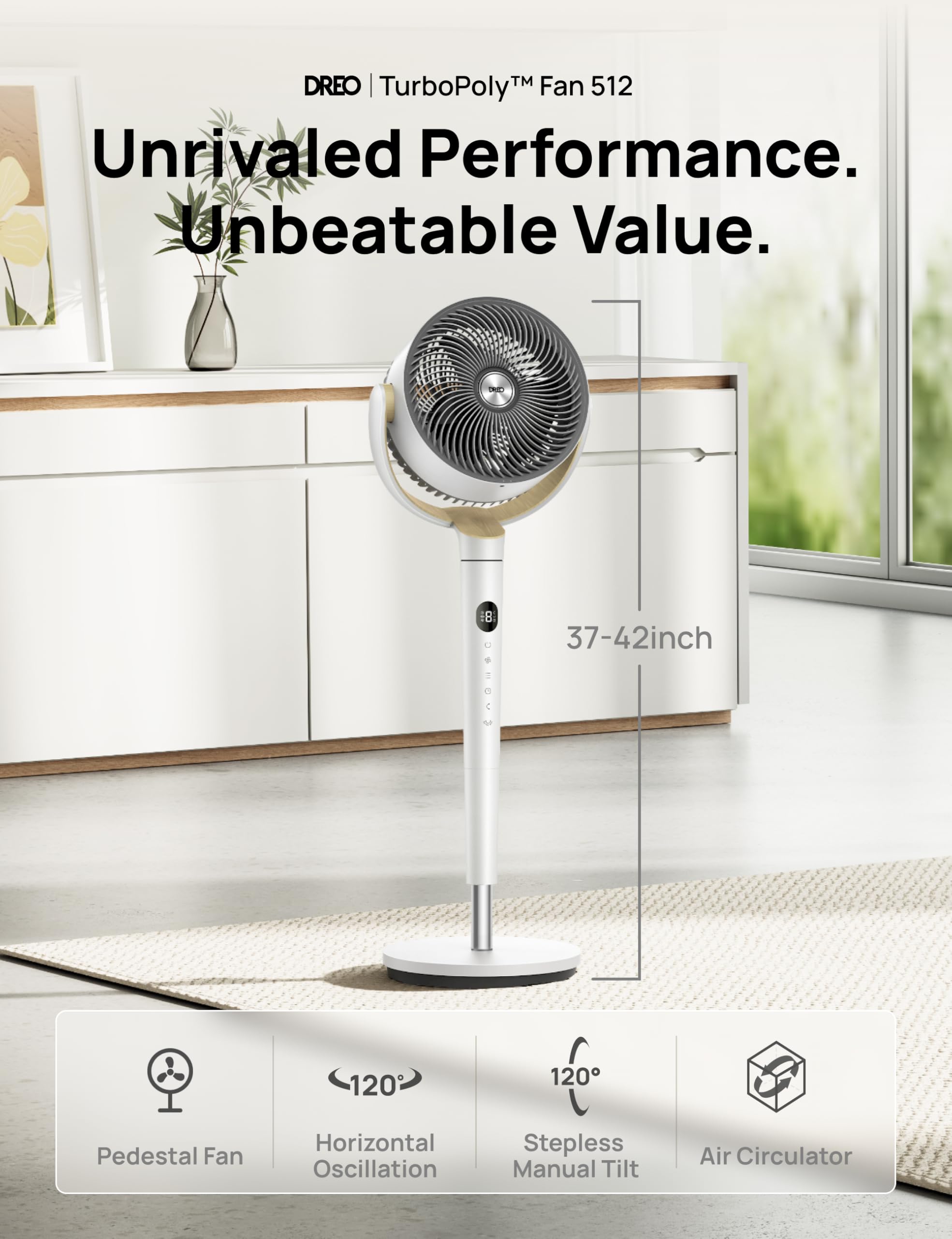 DREO Bedroom DC Motor Standing Fan, 120° Oscillation, Quiet