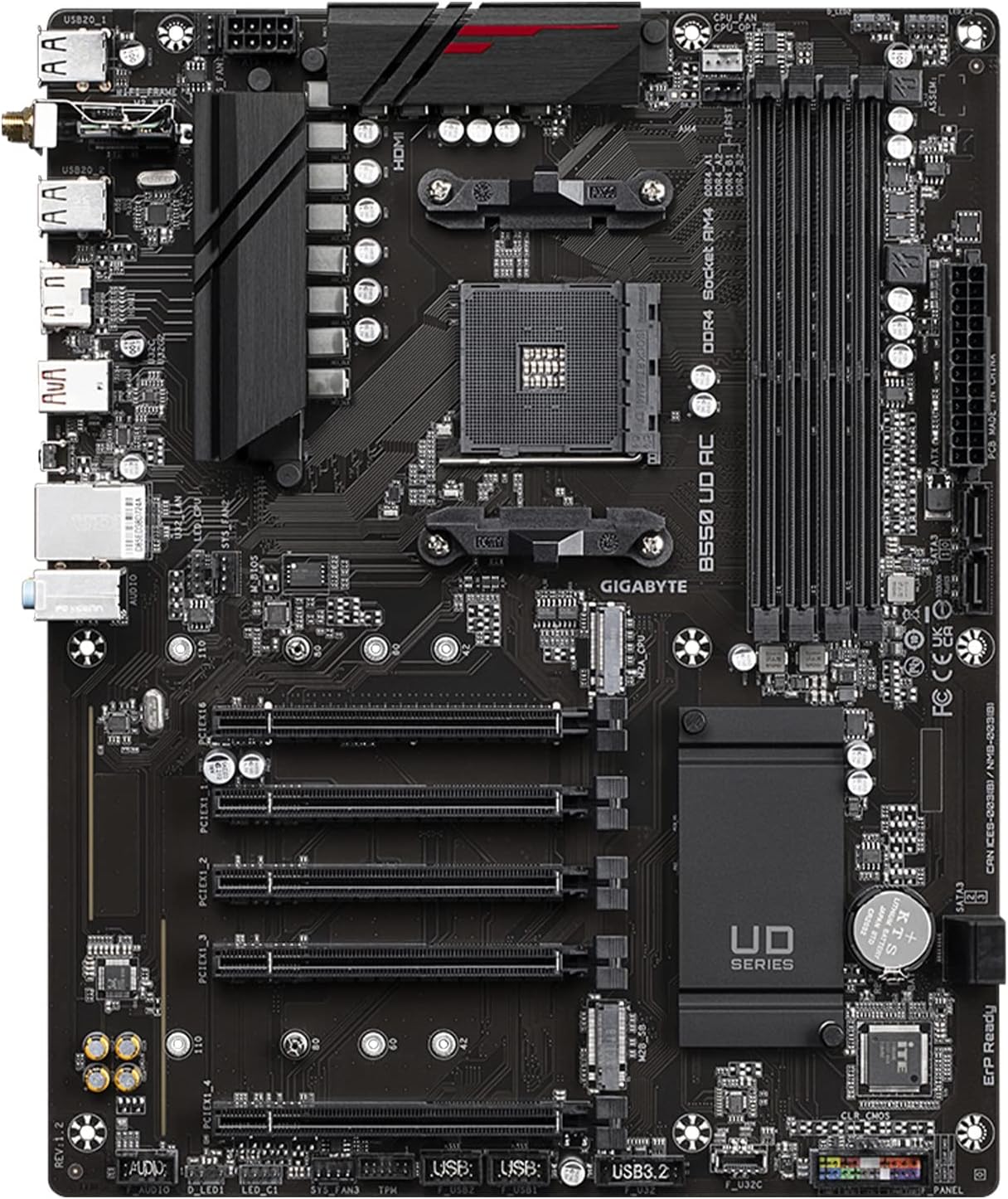 GIGABYTE B550 UD AC (rev. 1.2) AMD AM4 ATX Motherboard, Supports Ryzen 5000/4000/3000 Processors, DDR4, 10+3 Power Phase, 2X M.2, PCIe 4.0, USB-C, WiFi, GbE LAN, PCIe 4.0, Q-Flash Plus, RGB Fusion