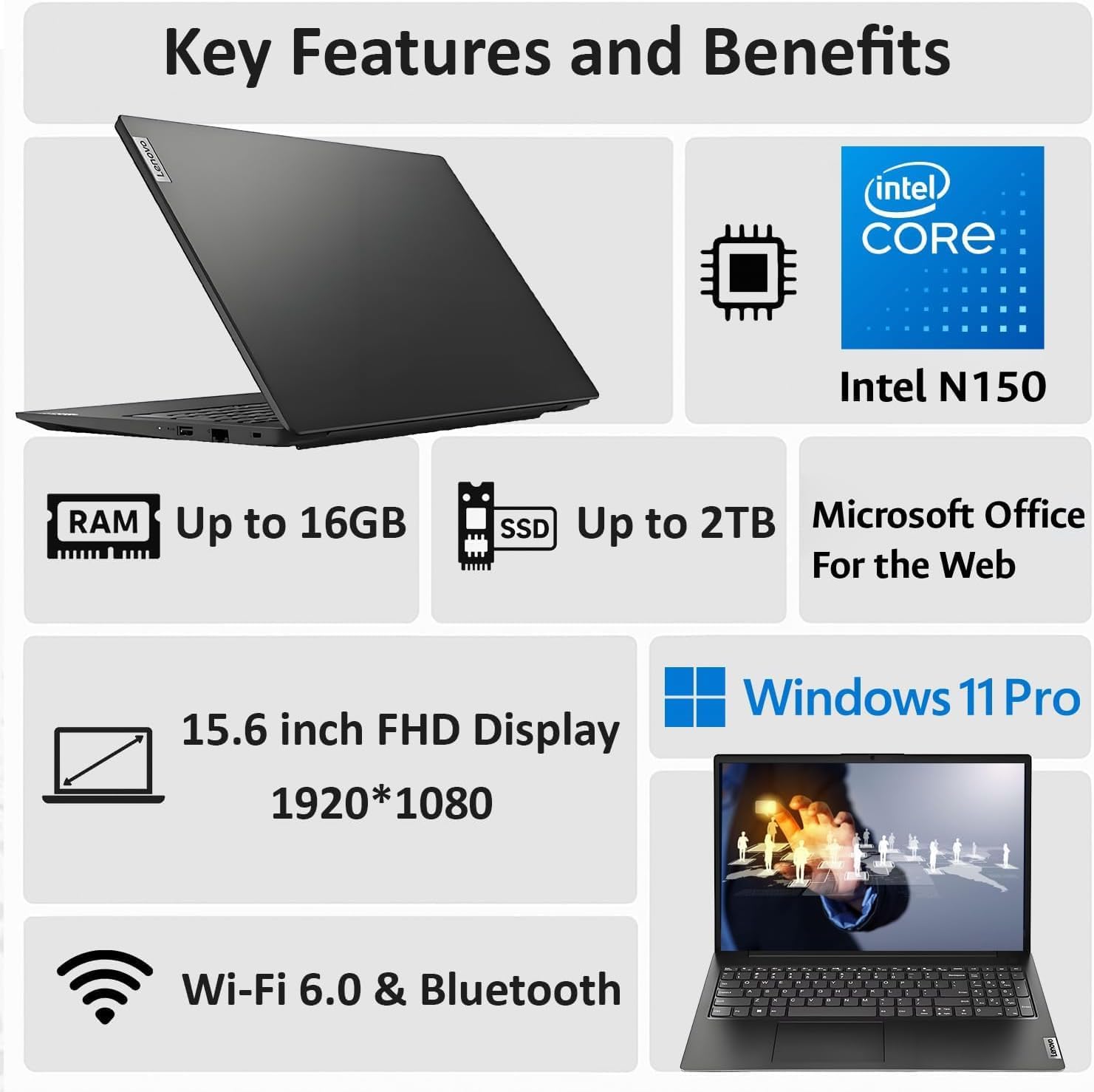 Lenovo 2026 Business Laptop with MS 365 for the Web, Intel Powerful Processor, 8GB DDR5, 628GB PCIE, 15.6