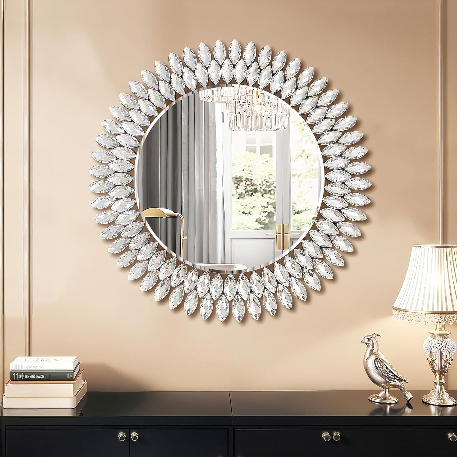26 Inch Round Mirrors for Wall Decor, Luxury Diamond Entryway Mirrors for Wall, Silver Decorative Mirror for Living Room, Bedroom, Bathroom, Dining Room, Fireplace