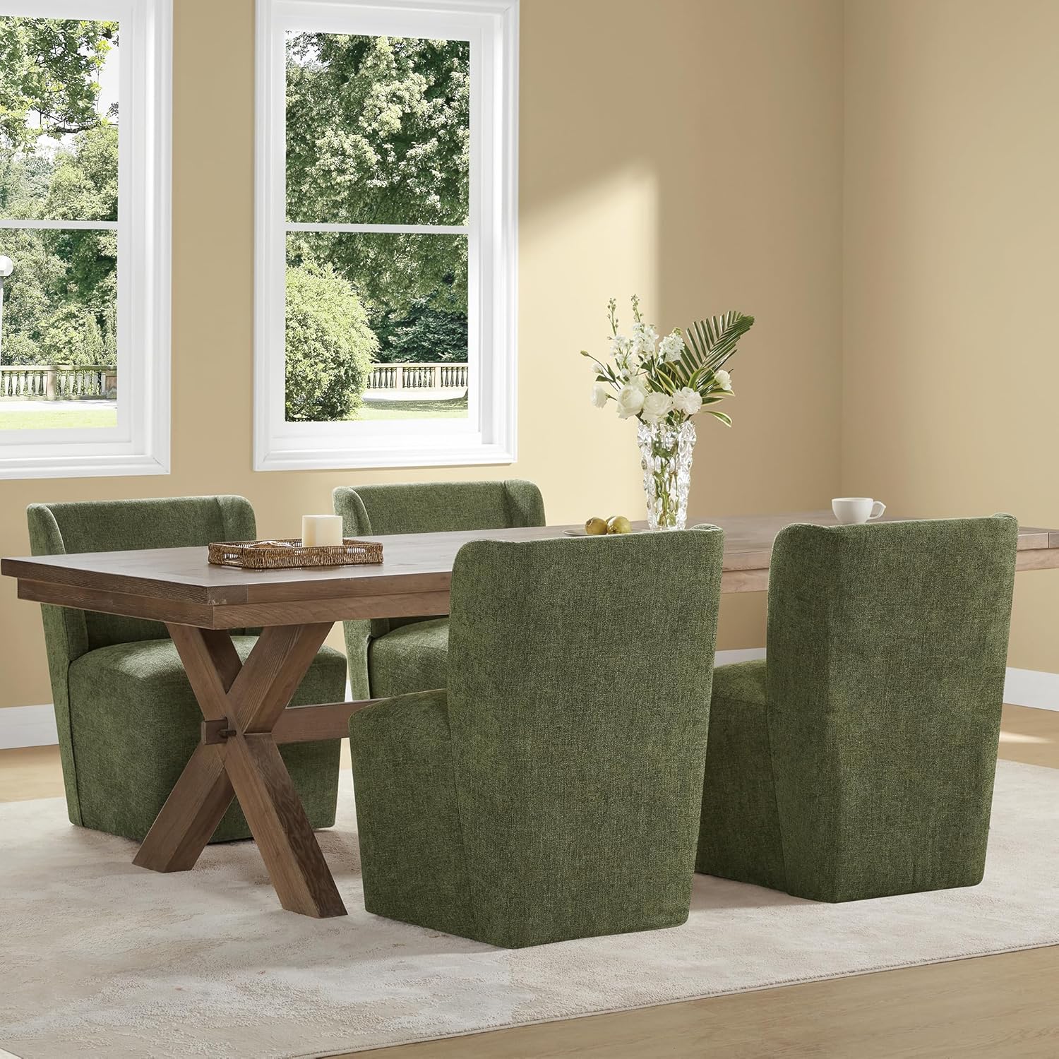 KISLOT Upholstered Dining Chairs Set of 4 with Casters, Wingback Modern Side Armless Deskchair with Rollers for Diningroom Bedroom Livingroom Reading Room, Green Fabric
