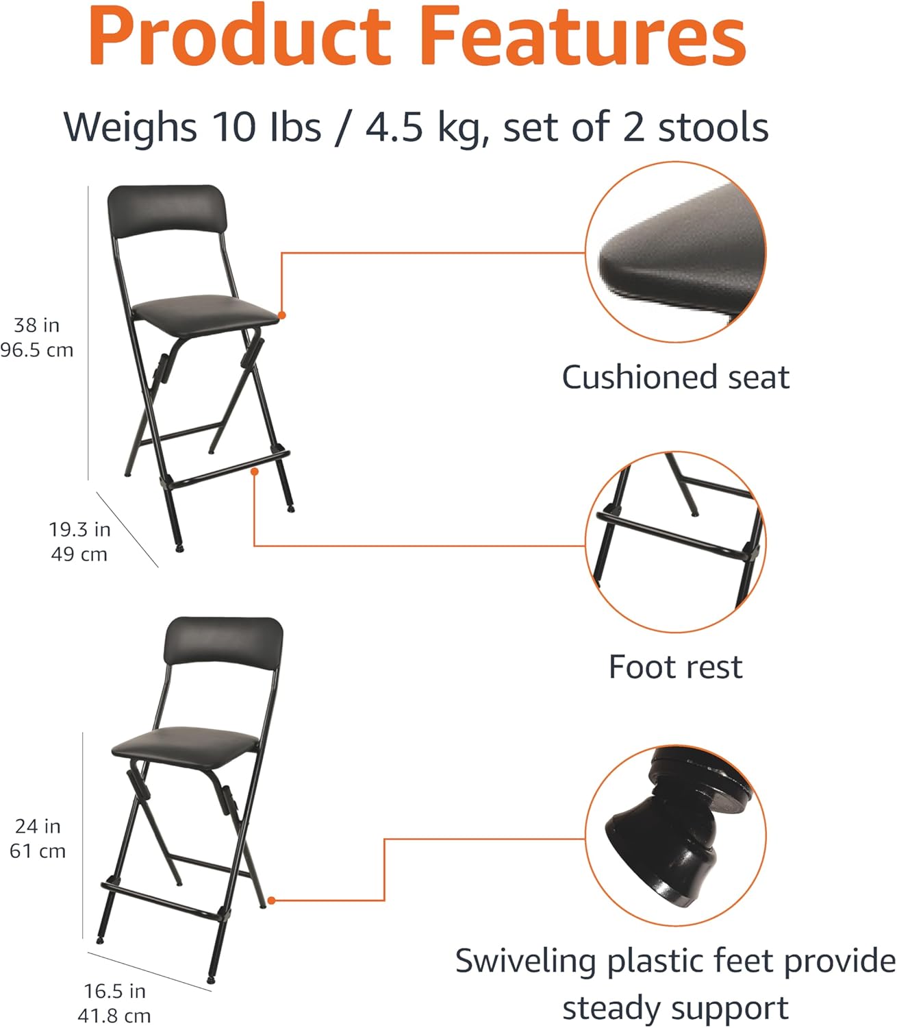 Amazon Basics Folding Bar Stool with Footrest, Portable, Sturdy, Space-Saving Storage, 300lb Capacity, 24