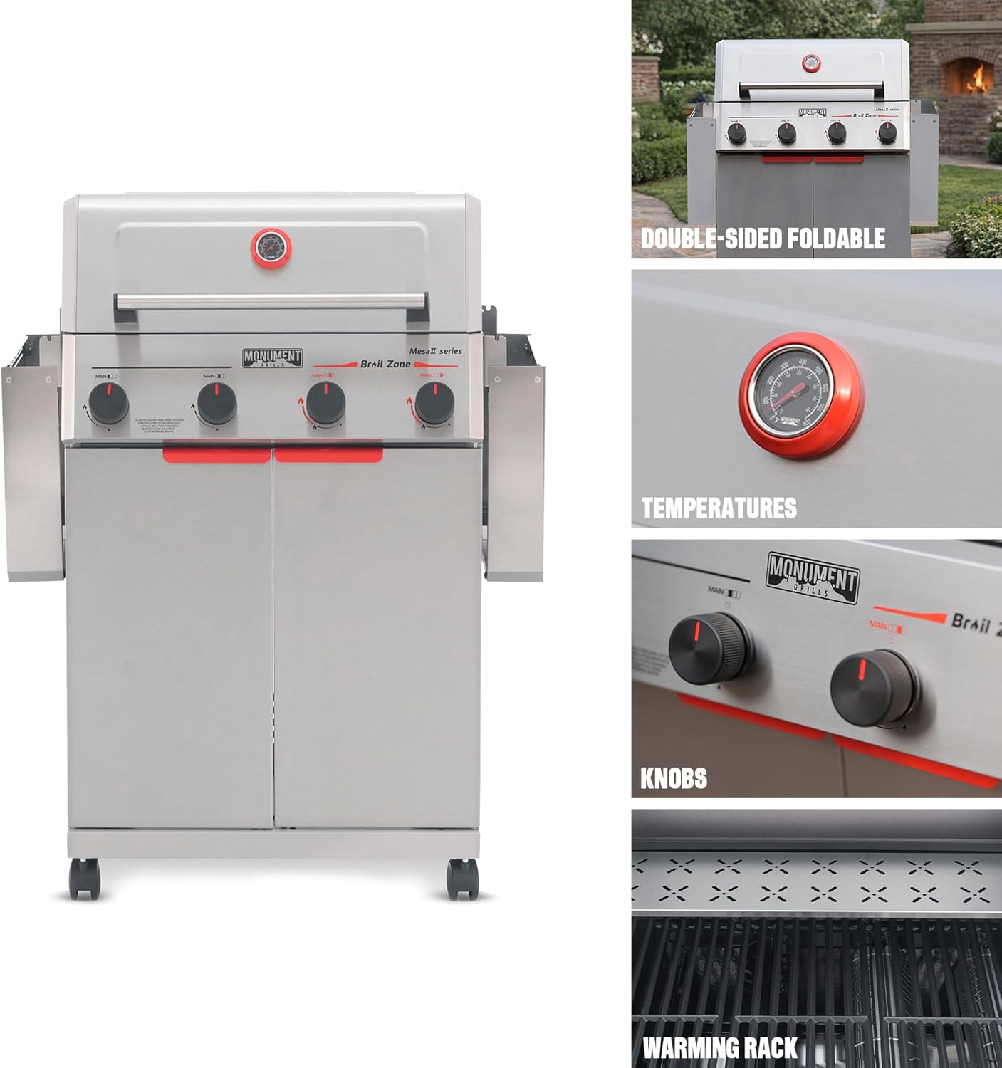 Monument Grills 4 Burner Stainless Steel Propane Mesa 2 Gas Grill, 500°F in 5 Mins, 525 sq.in, 37,000 BTU, with Broil Zone, Foldable Side Shelves, Knob Controls, Built in Thermometer, Mesa II 410BZ