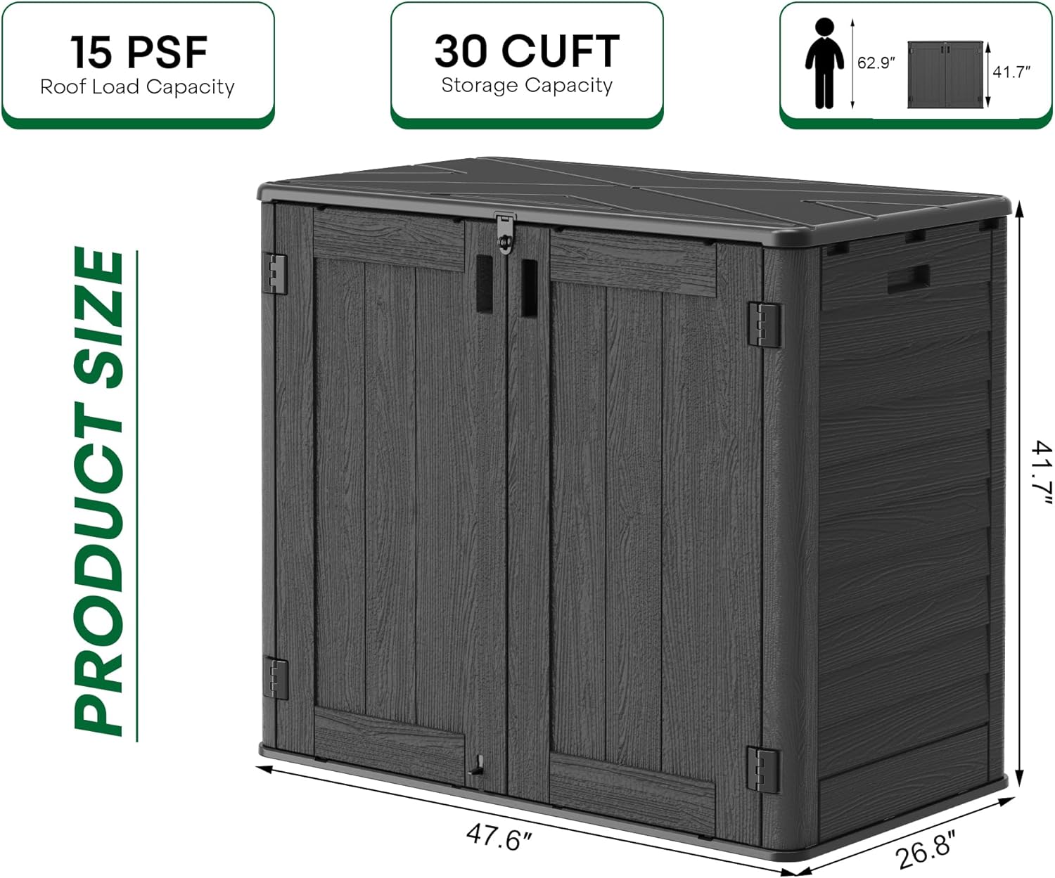 Outdoor Storage Shed, 30 Cu Ft Waterproof Horizontal Resin Storage Cabinet, Weather-Resistant Garden Shed Trash Can Storage with Pad-Lockable Doors for Backyards (Black)
