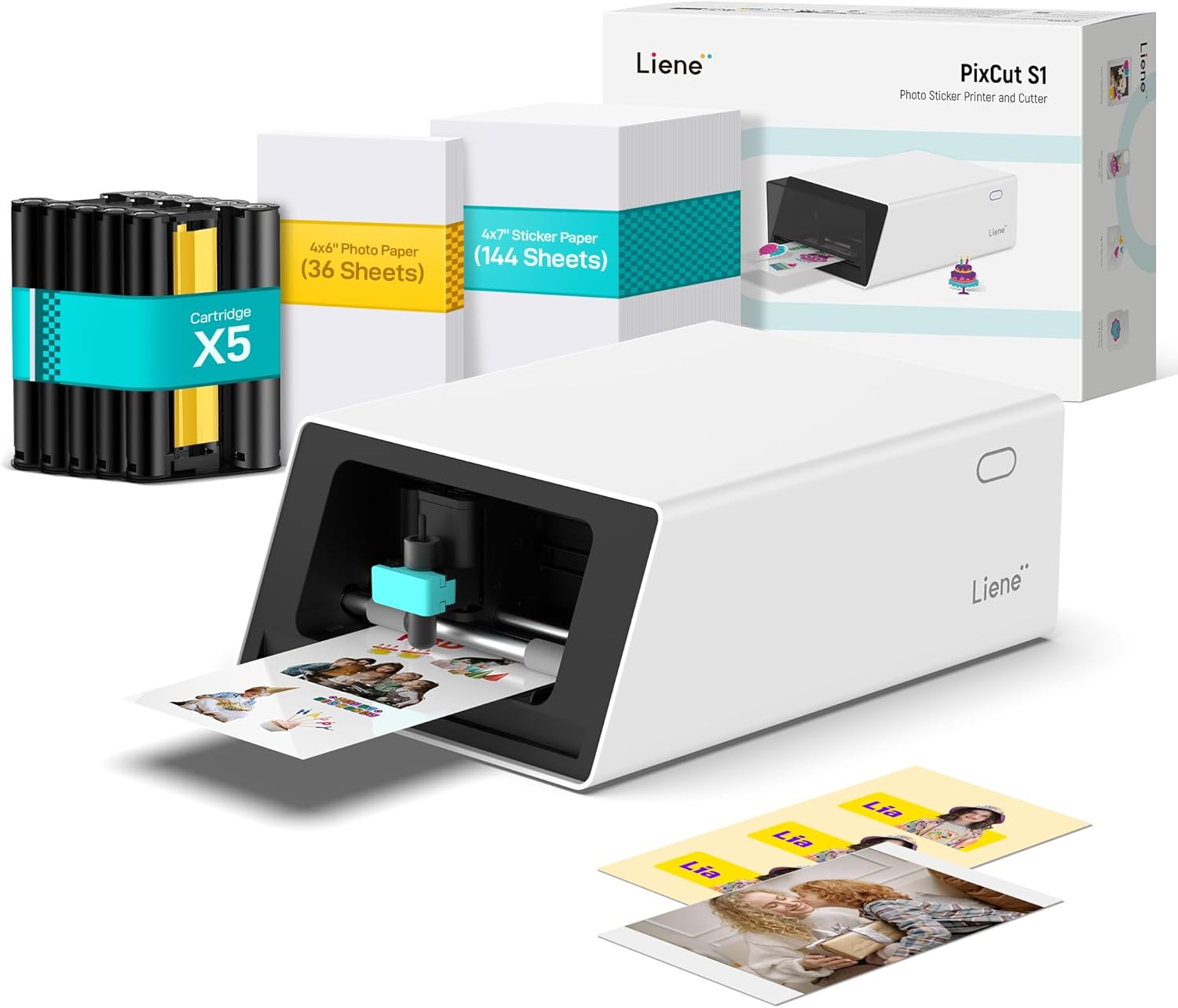 Liene PixCut S1 Inspire Kit - All-in-One Color Sticker Printer & Cutting Machine, Thermal Dye-Sublimation Photo Printer, 300 DPI, Color Label Maker with 180 Sheets (36 Photo + 144 Sticker Paper)