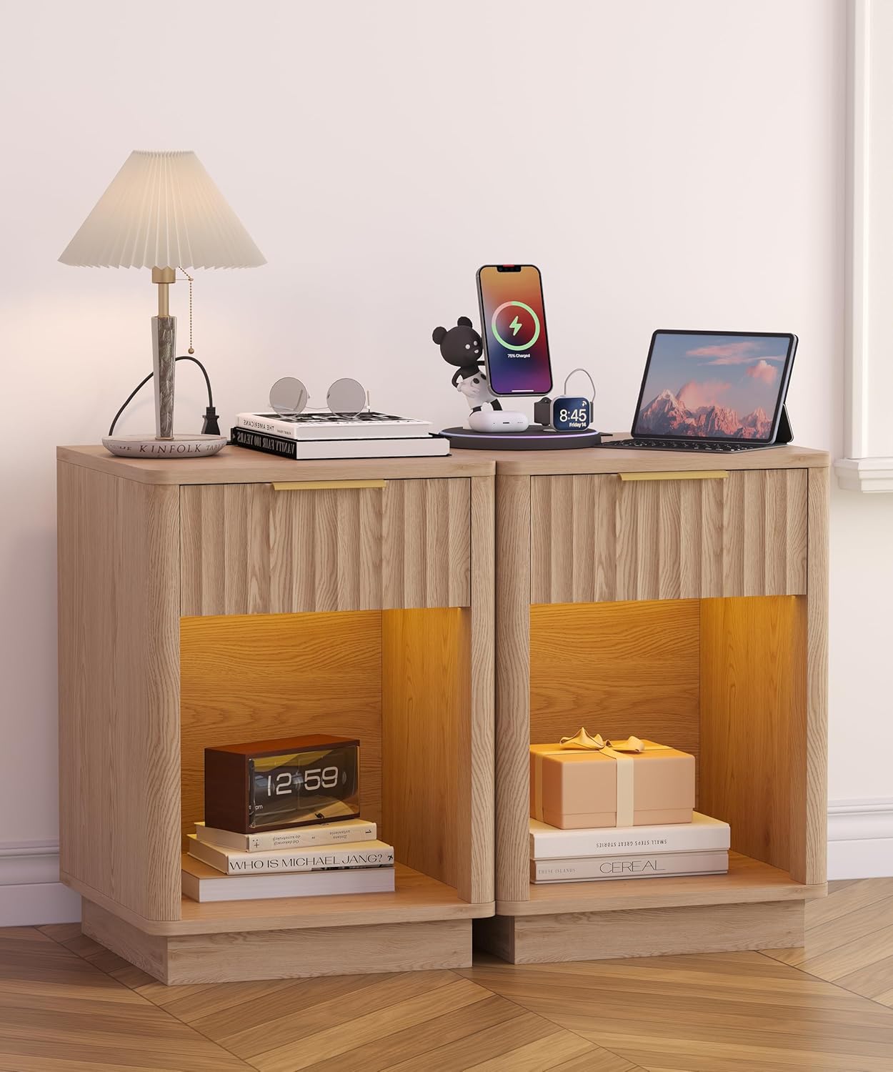 Akxomel Fluted Nightstands Set of 2, Wooden Night Stand with Charging Station and LED Light, Modern Mid Century Bed Side End Table with Drawer, 15
