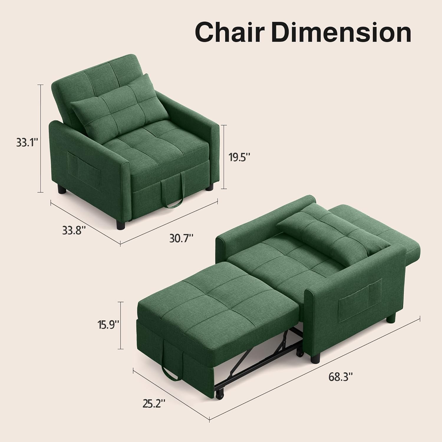 Ahomly Convertible Sleeper Chair Sofa Bed with 3-in-1 Design, Adjustable Backrest, and Storage Pocket for Living Room, Green