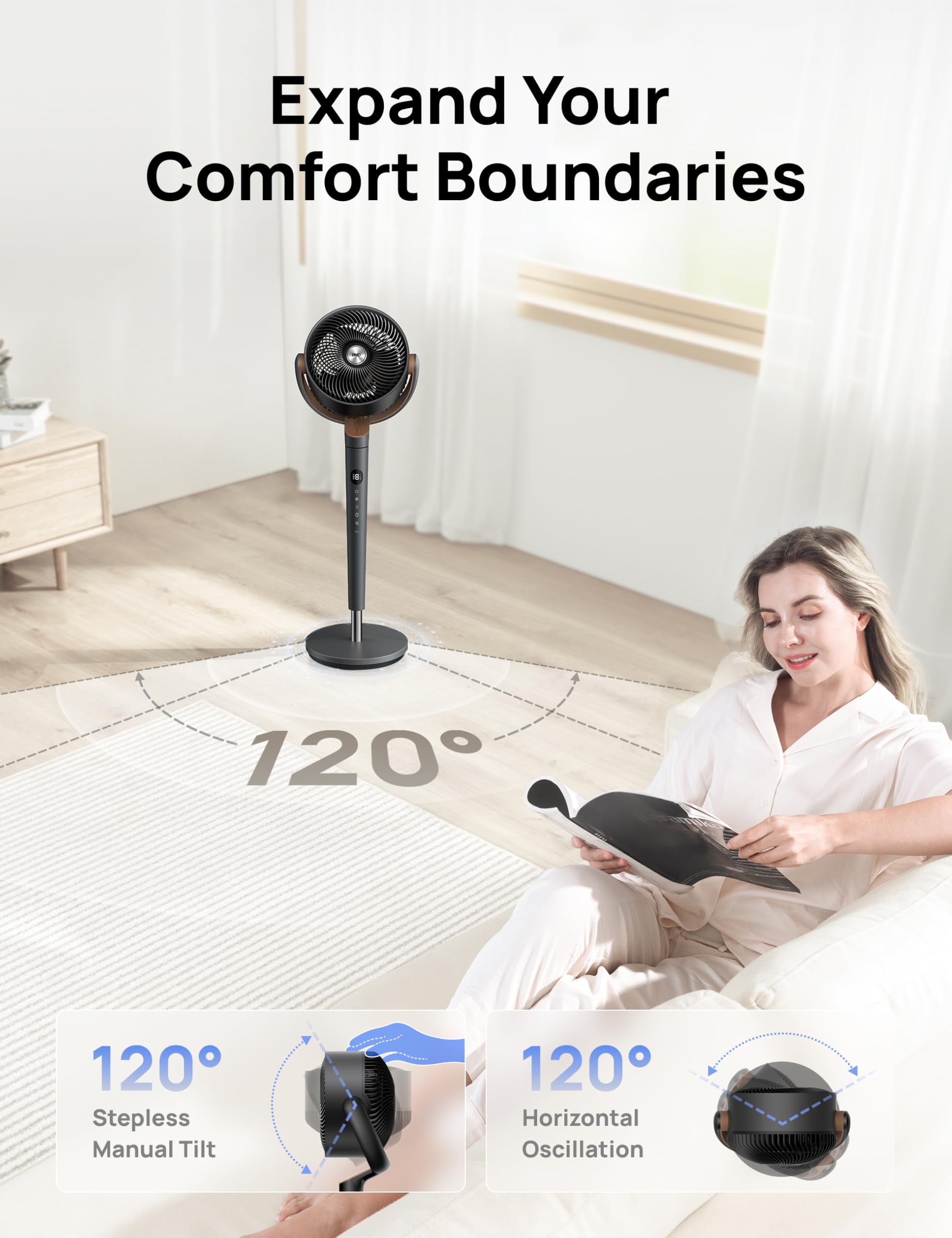 DREO Bed Fan with 120° Oscillation and 9 Speeds