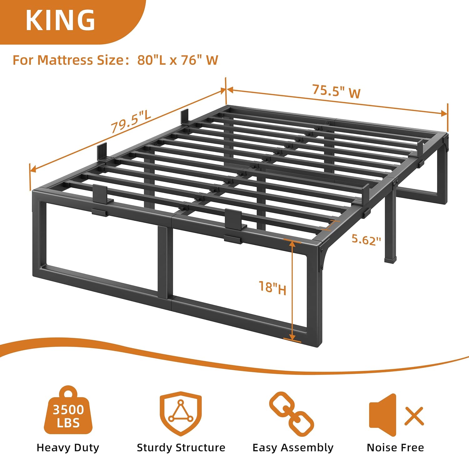King Size Bed Frame, 18 Inch Metal Platform Bed Frames with Squeak Free U-Slot Design, 6 Non-Slip Guards, 3500lbs Heavy Duty Steel Slat Support, No Box Spring Needed, Under Bed Storage, Black