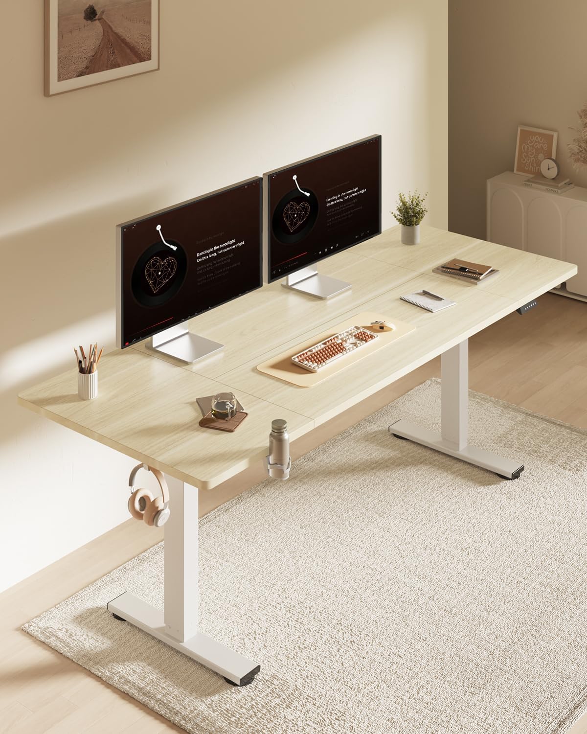 FLEXISPOT 63x32 Inch Electric Large Standing Desk for Home & Office, Spacious Splice Board Desk with Cable Management & Organizer, Cup Holder & Hook, White Wood Grain