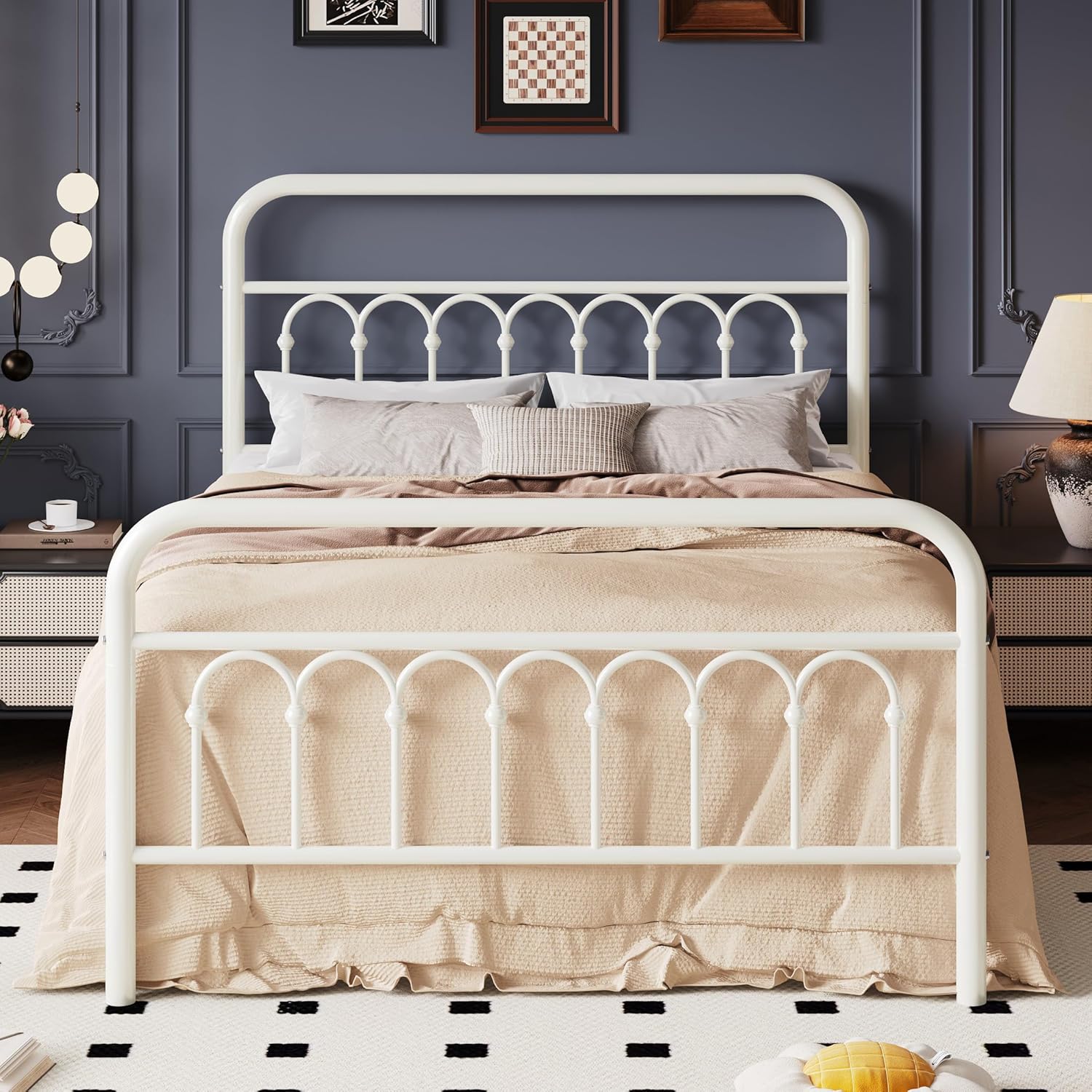SHA CERLIN Full Size Metal Platform Bed Frame with Vintage Headboard and Footboard, Iron Arch with Ball Paint Finish, Under Storage Space, No Box Spring Needed, Easy to Assemble, Cream White