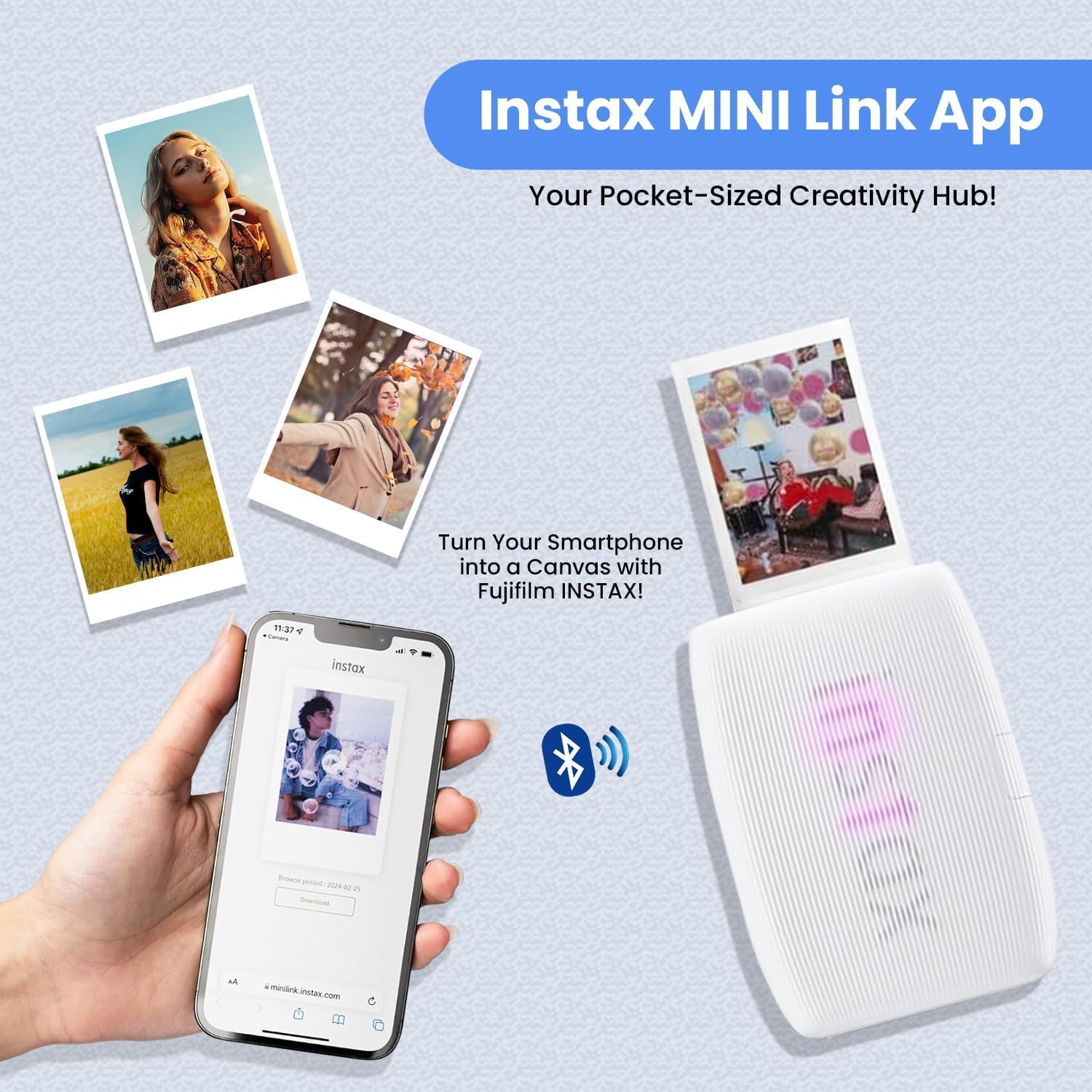 Fujifilm INSTAX Mini Link 3 Smartphone Printer + INSTAX Mini Instant Film (20 Sheets) + USB Wall Charger + BluebirdSales Travel Bag, Photo Album, Microfiber Cleaning Cloth (Rose Pink)