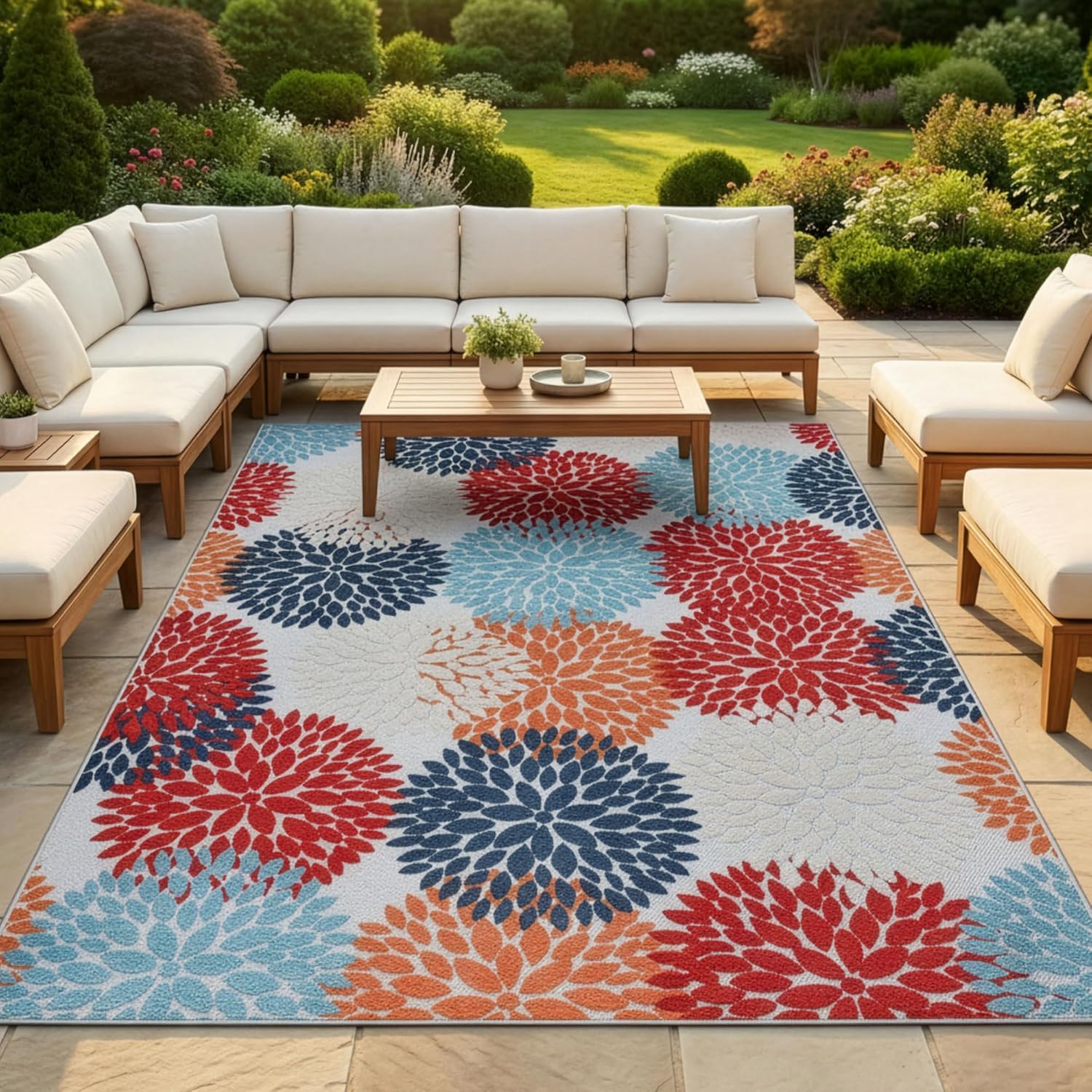 Superior Indoor Outdoor Area Rug, Perfect for Patio, Poolside, Backyard, Porch, Easy Clean Washable, Ideal for High Traffic Areas, Non Skid, Floral Medallion Hydrangea Collection, 10'x14', Multicolor