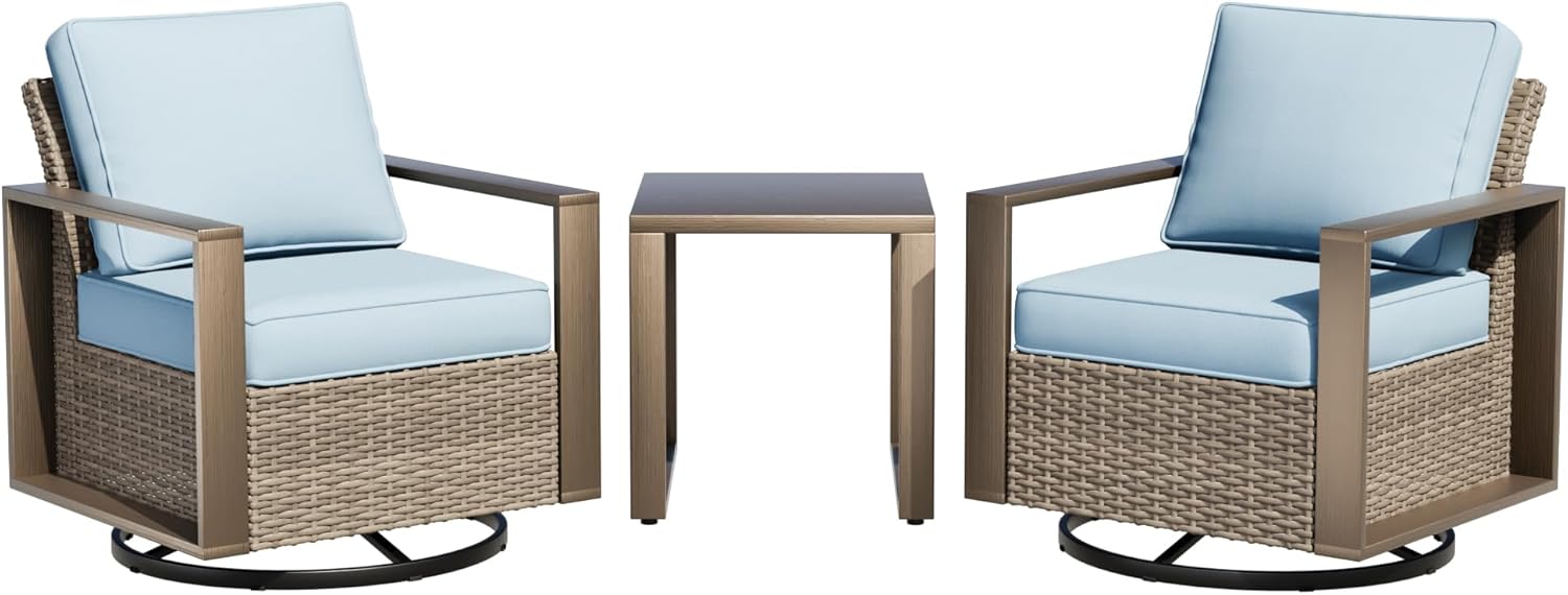 Outdoor Swivel Rocker Metal Chairs Set of 2 with Small Coffee Table - 3 Pieces Patio Bistro Set with Rectangular Framed Wood-Looking Metal Armrest, 360 Degree Glider Chairs, Baby Blue