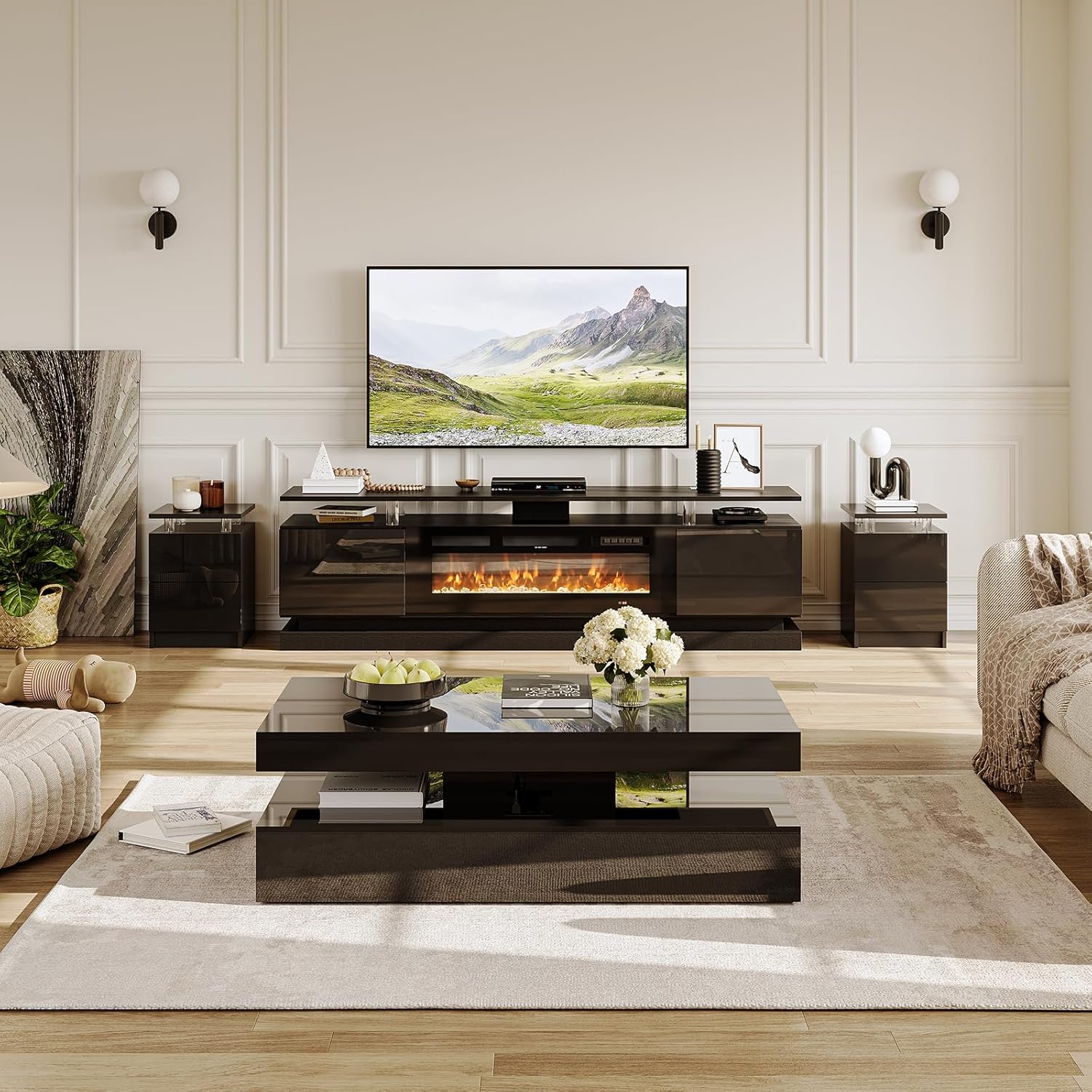 4-Piece Modern Living Room Table Set, Includes High Gloss 70