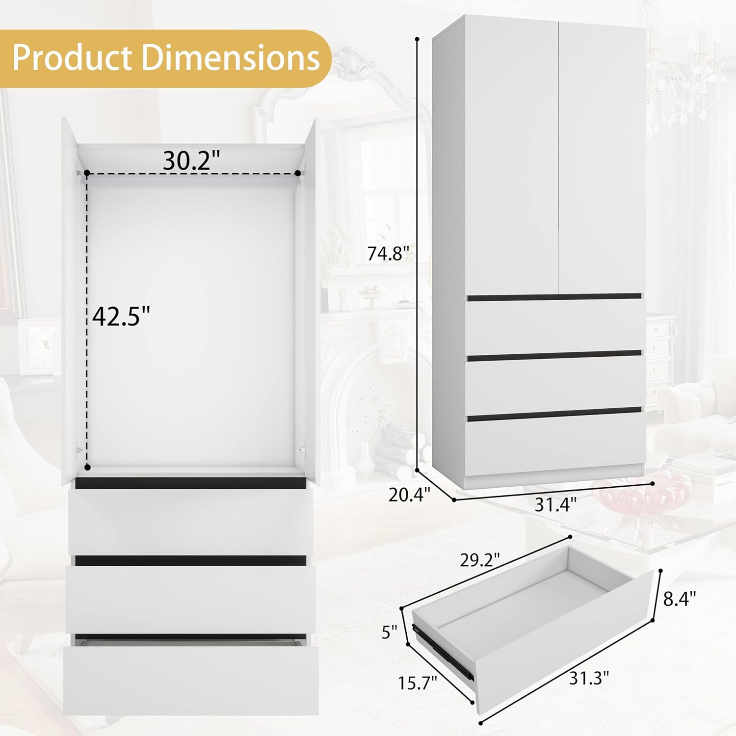 Bedroom Armoire Wardrobe Closet with 9 Drawers: White Wardrobe Closet with 6 Doors, Modern Cabinet for Clothes with Shelves, Wooden Armoire for Hanging Clothes (Modern, 3)