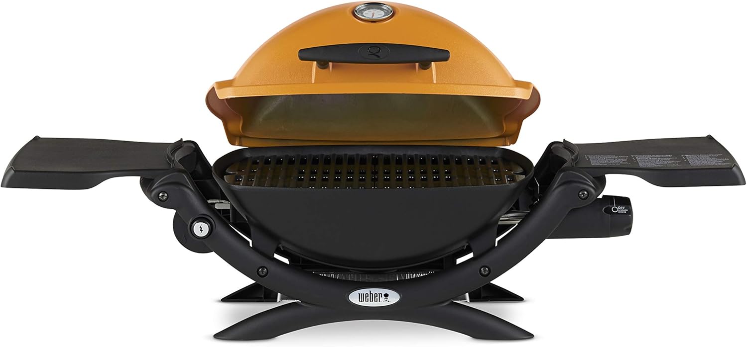 Weber Q1200 Liquid Propane Portable Gas Grill, Orange – 1‑Burner Travel and Camping Grill with Cast‑Iron Grates & Electronic Ignition (8,500 BTU Burner)
