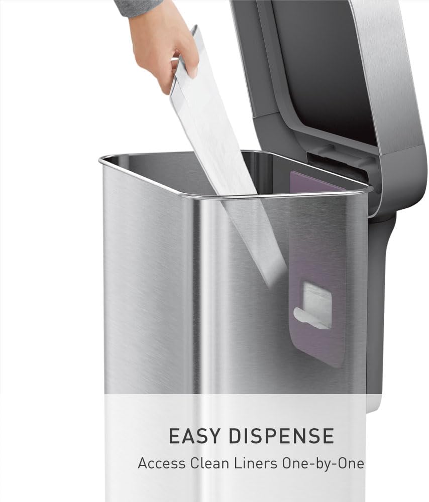 simplehuman Rectangular Step Can, 45L / 12 Gallon Kitchen Trash Can, Liner Rim System, Liner Pocket®, 150,000-Step Pedal, Lid Shox® Silent Close, Brushed Stainless Steel with Grey Plastic Lid