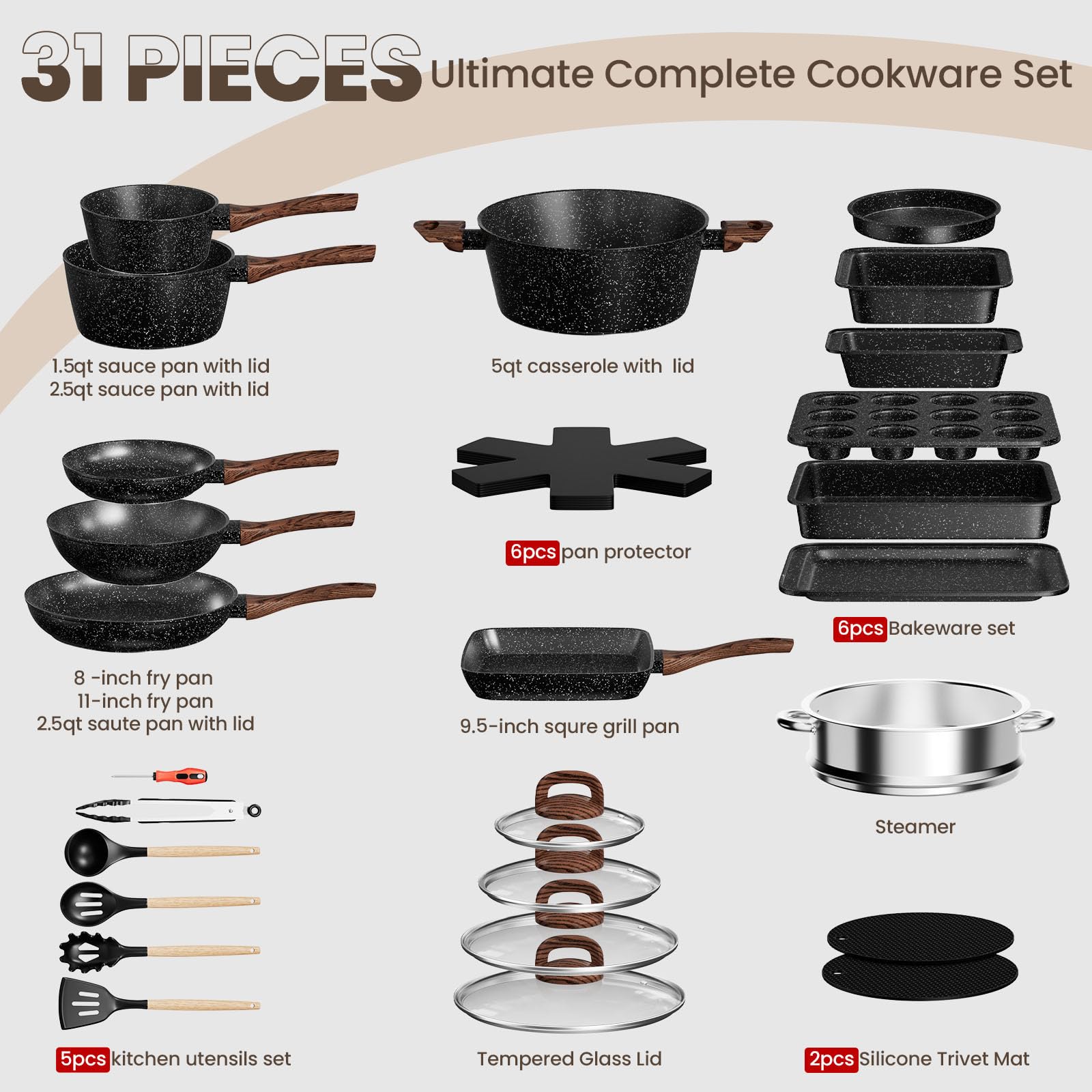 UMITE CHEF Non-Stick Pots and Pans Set, 31 Piece Induction Cookware