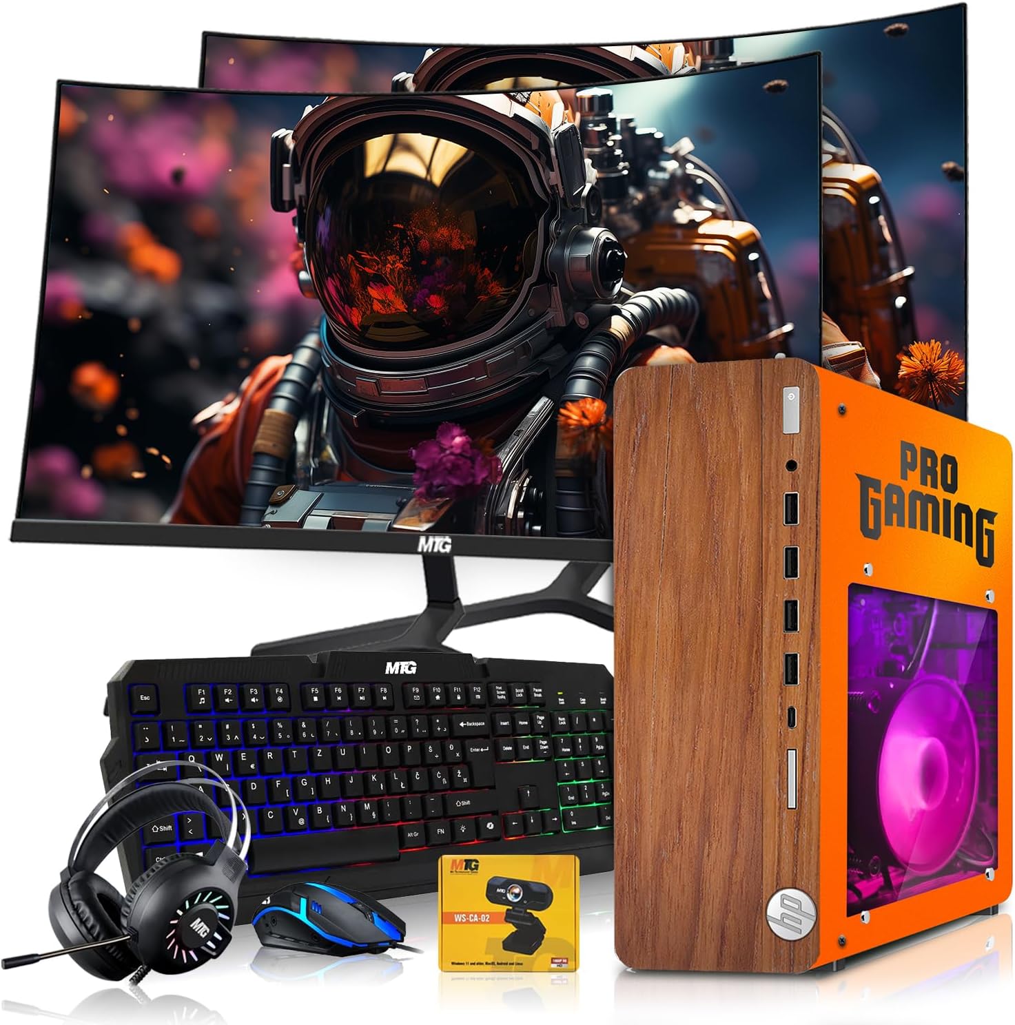 HP Full Dark Gaming PC Desktop Computer Phoenix AMD A10-9700, RX 550, 16GB RAM, 1TB SSD, Dual 24 Inch Curved Monitor, RGB KBM with AI Copilot, WiFi, RGB Headphone, Webcam, Windows 11 (Renewed)