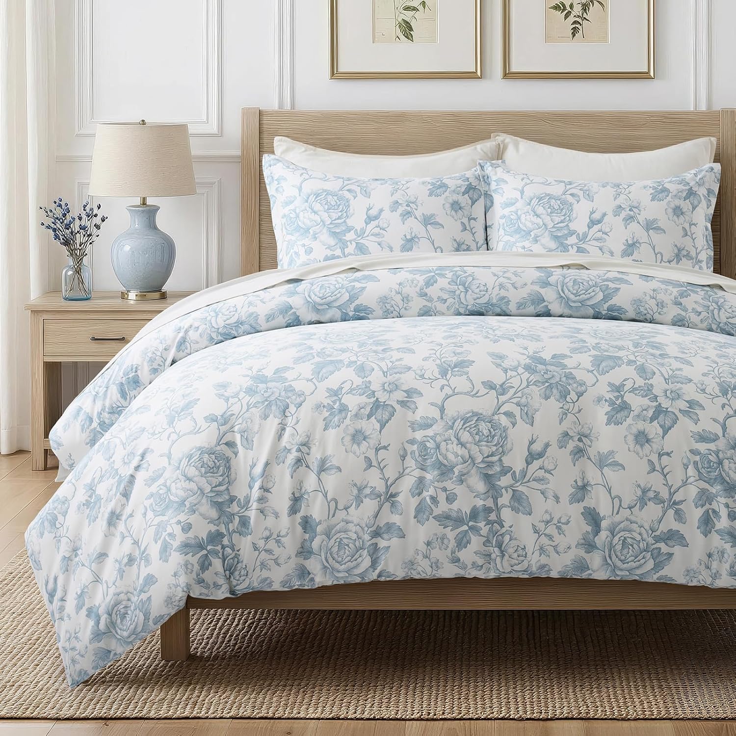 EverGrace 100% Cotton Sateen Duvet Cover Set Queen Size, 3 Piece Floral Toile Bedding Set, Pre-Washed Soft & Breathable, Button Closure with 2 Pillow Shams, Blue Linen, 90