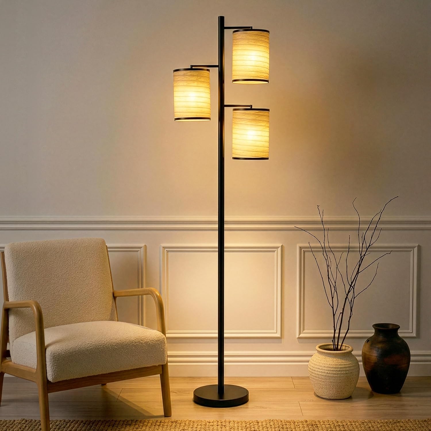 Brightech Liam Floor Lamp, Great Living Room Décor, Tree Lamp for Offices, Asian Lantern Shade Lamp for Living Rooms, Standing Light with 3 LED Light Bulbs for Bedroom Reading - Black