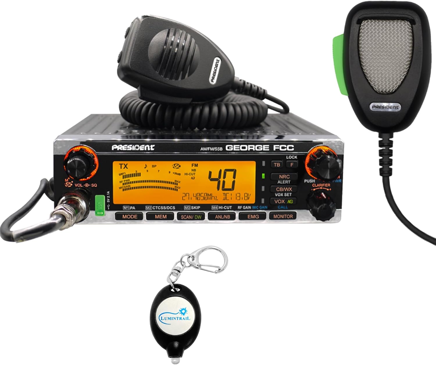 George FCC AM/FM/SSB CB Radio with DIGIMIKE Microphone, CTCSS/DCS, Large 7 Color LCD Display, Weather Channel/Alert, ASC, VOX, Scan Skip, USB Port, NRC, Automatic SWR, PA, with Keychain