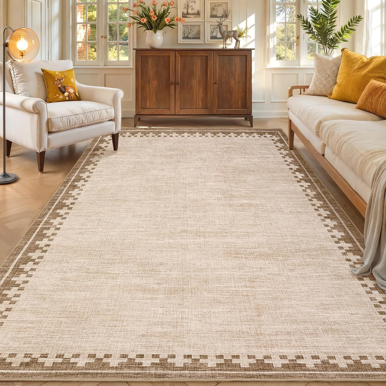GarveeHome Cross Bordered Large Area Rug 9x12 Machine Washable Non Slip Low Pile Dining Room Carpet Geometric Stain Resistant Living Room Bedroom Home Office Rug, Beige